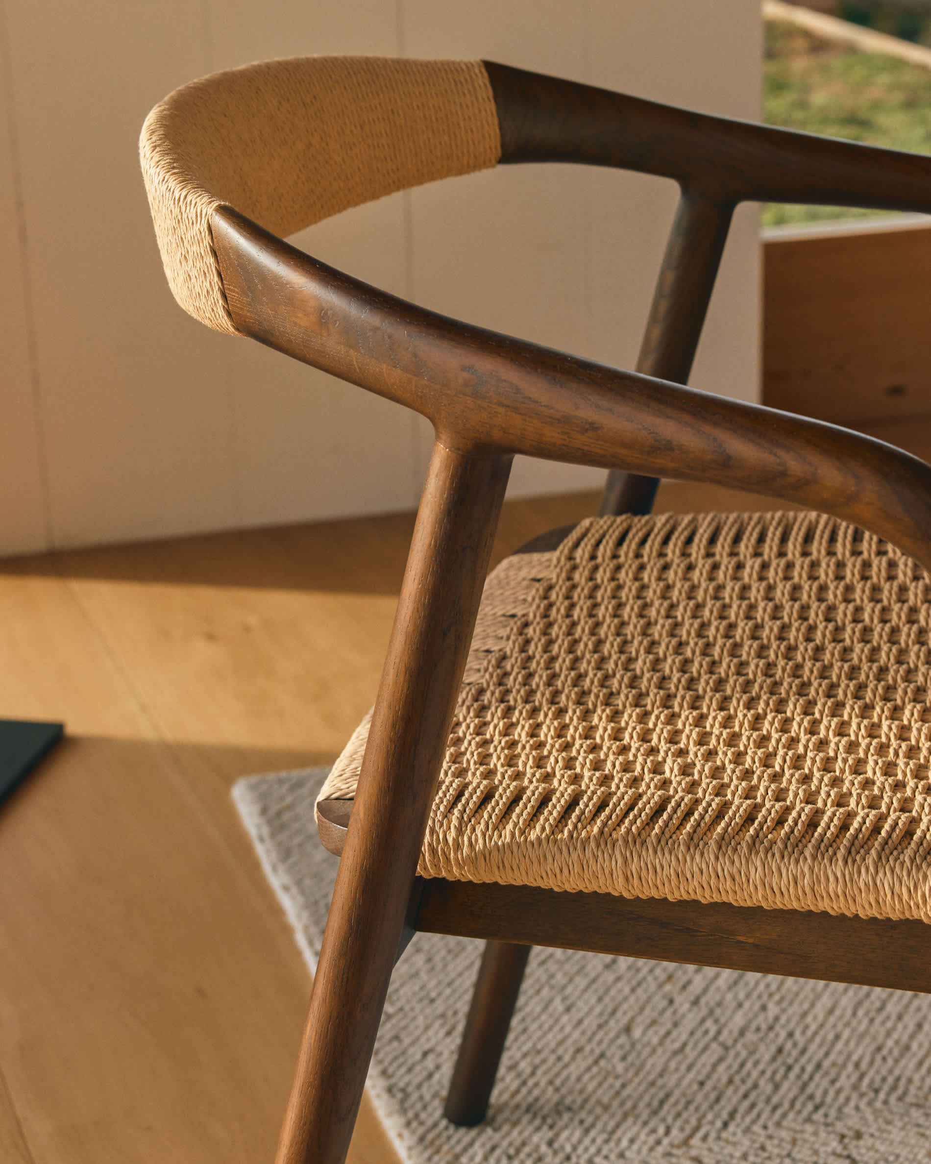 Derile chair in solid oak wood with walnut finish and beige paper rope cord FSC Mix Credit