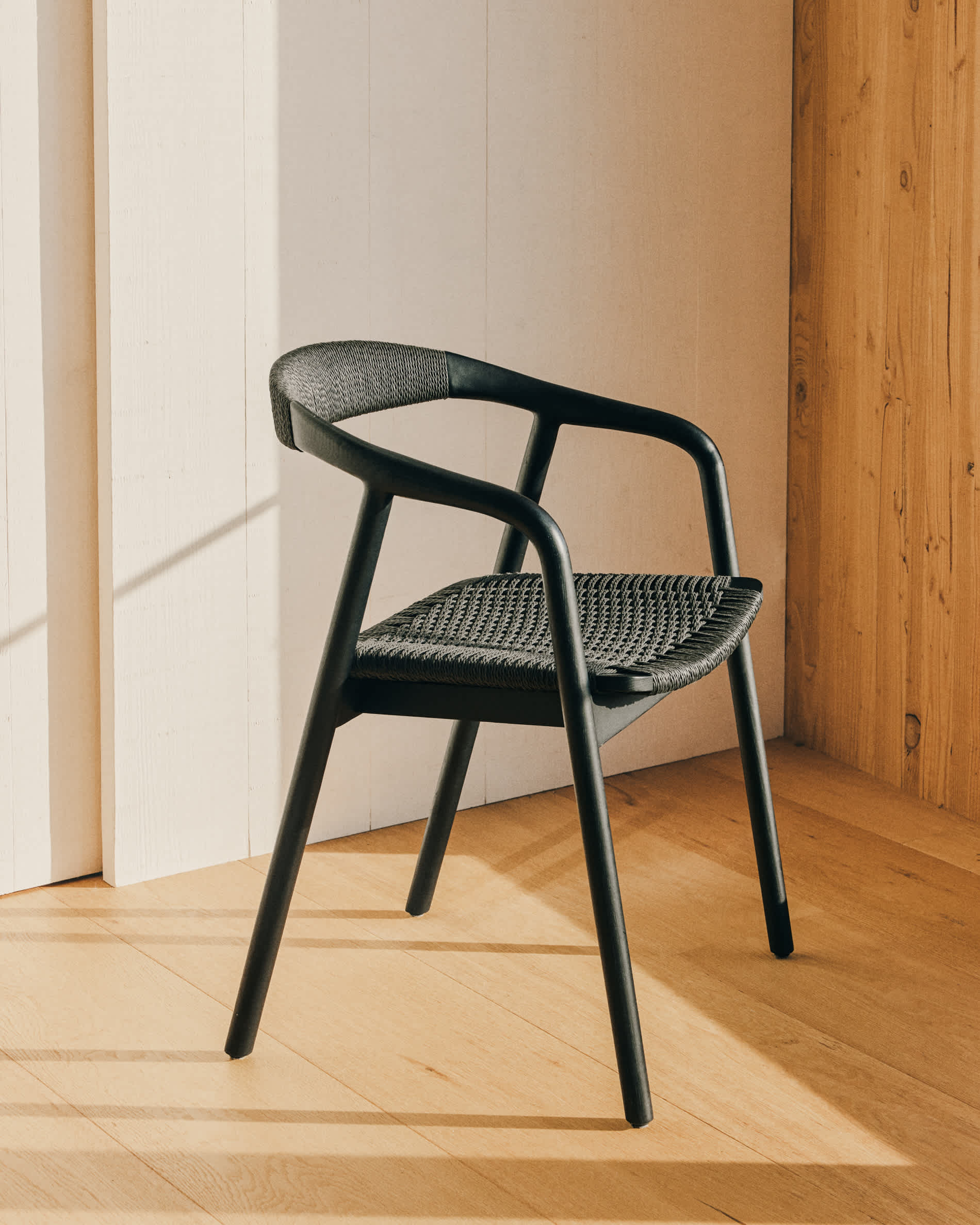 Derile chair in solid oak wood with black finish and black paper rope cord FSC Mix Credit