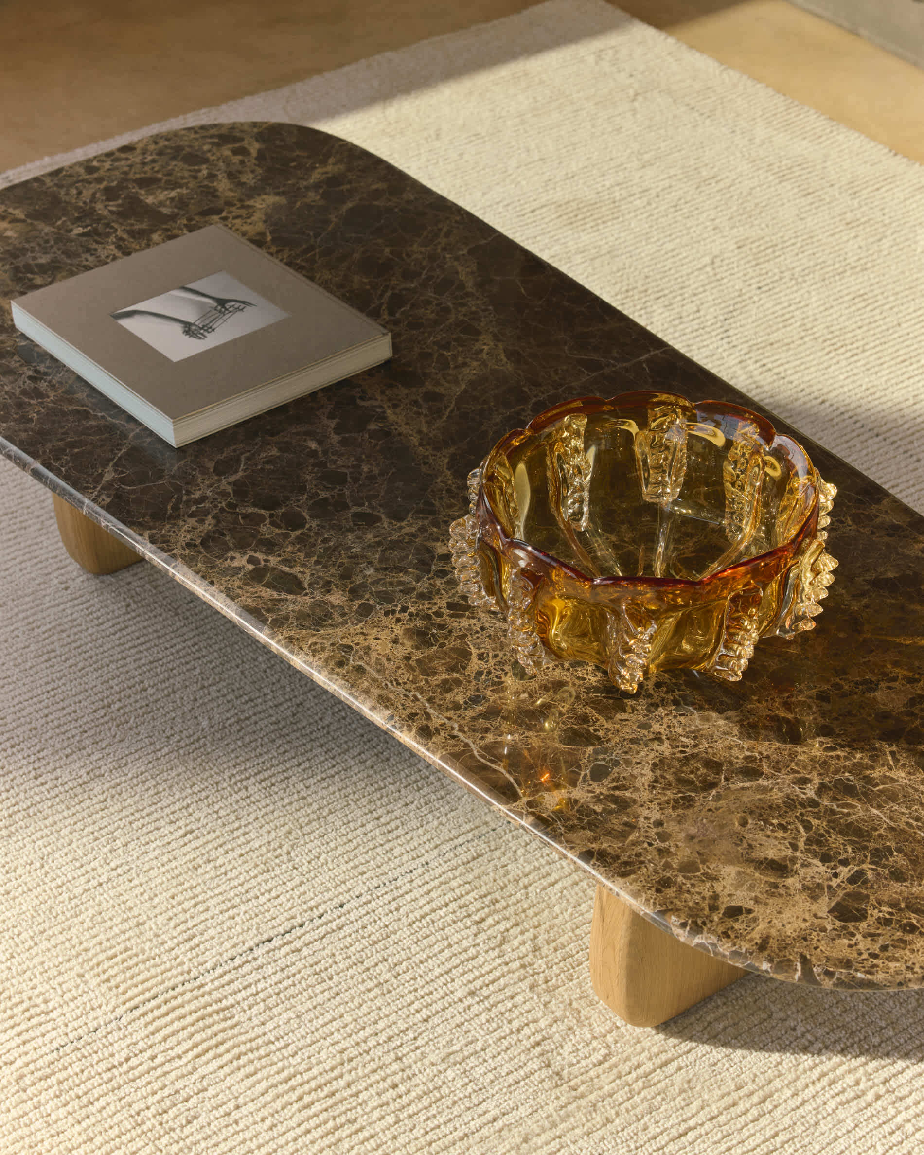 Pirita coffee table in brown marble with solid oak wood legs with a natural-coloured finish 147 x 65cm FSC 100%