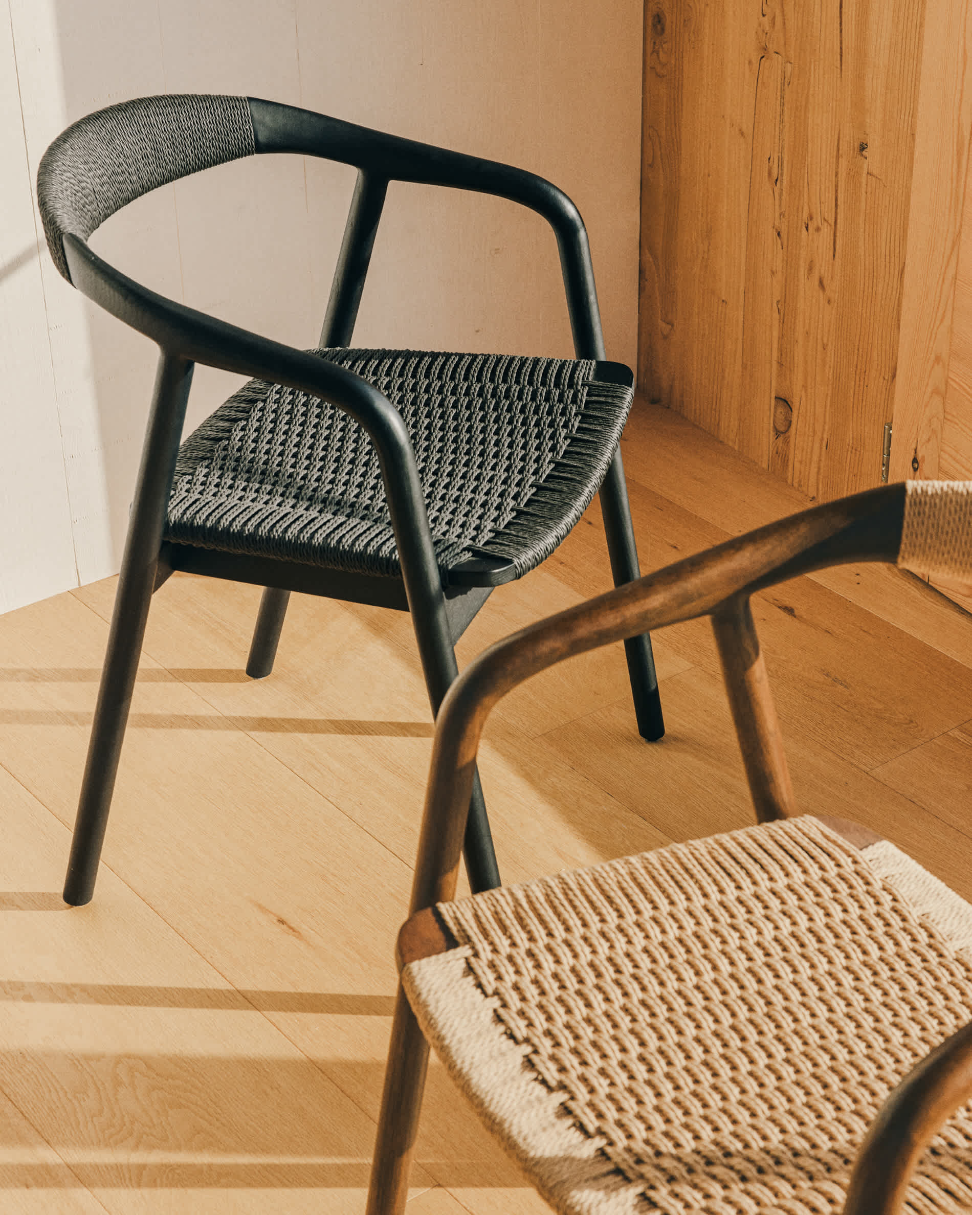Derile chair in solid oak wood with black finish and black paper rope cord FSC Mix Credit