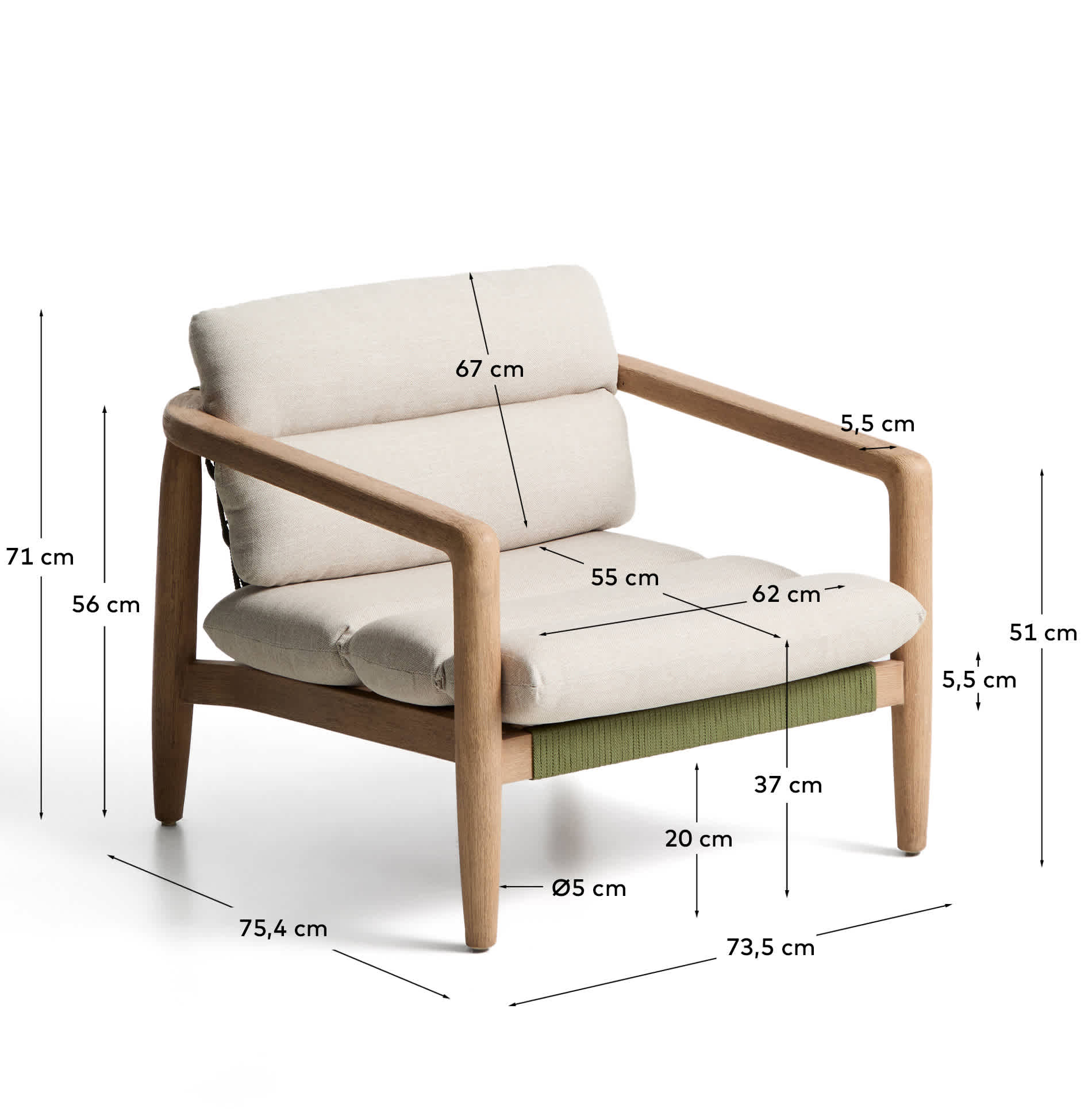 Menfi armchair in solid acacia wood and green rope cord FSC 100%