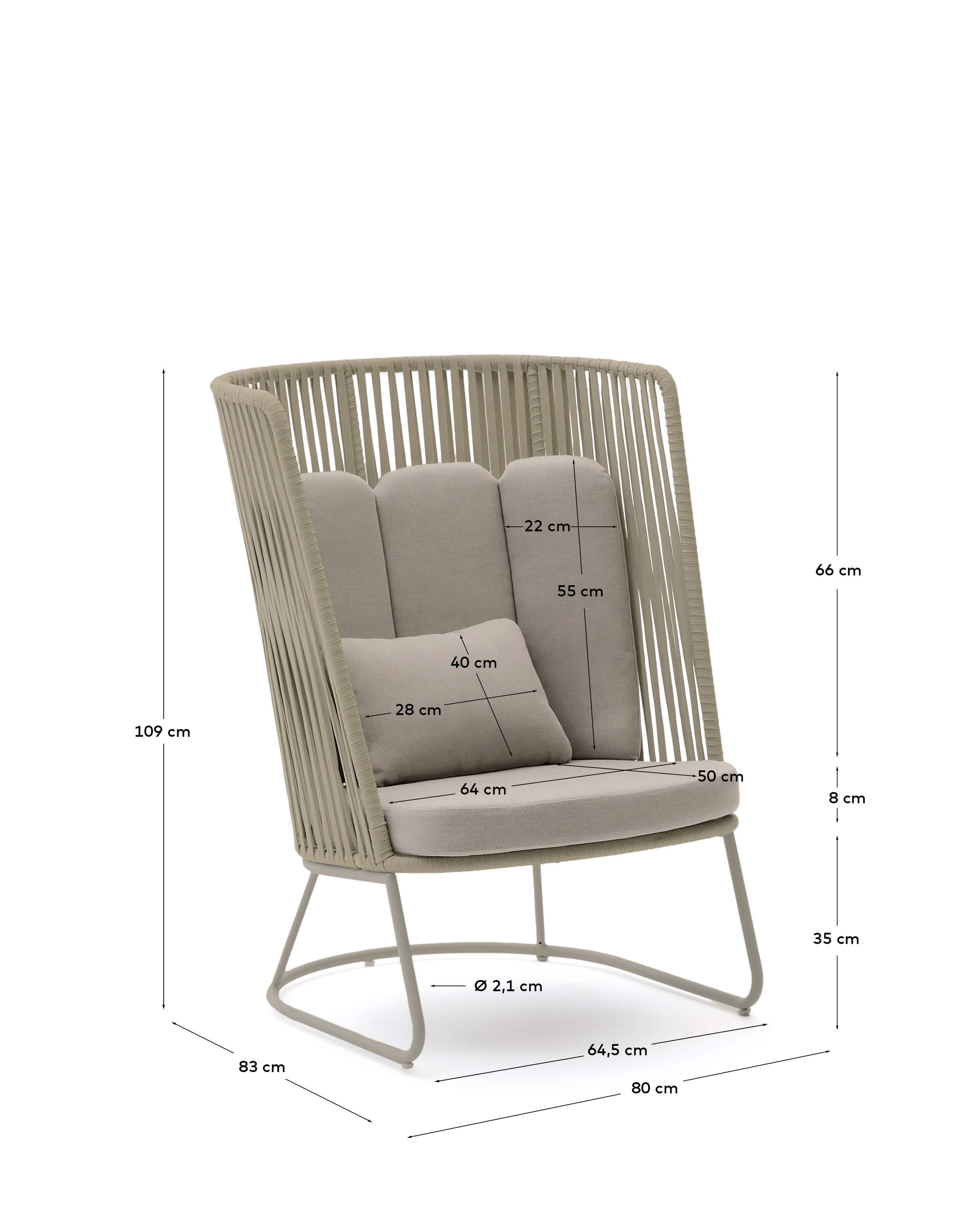 Saconca outdoor armchair with high backrest made of rope cord and beige galvanised steel