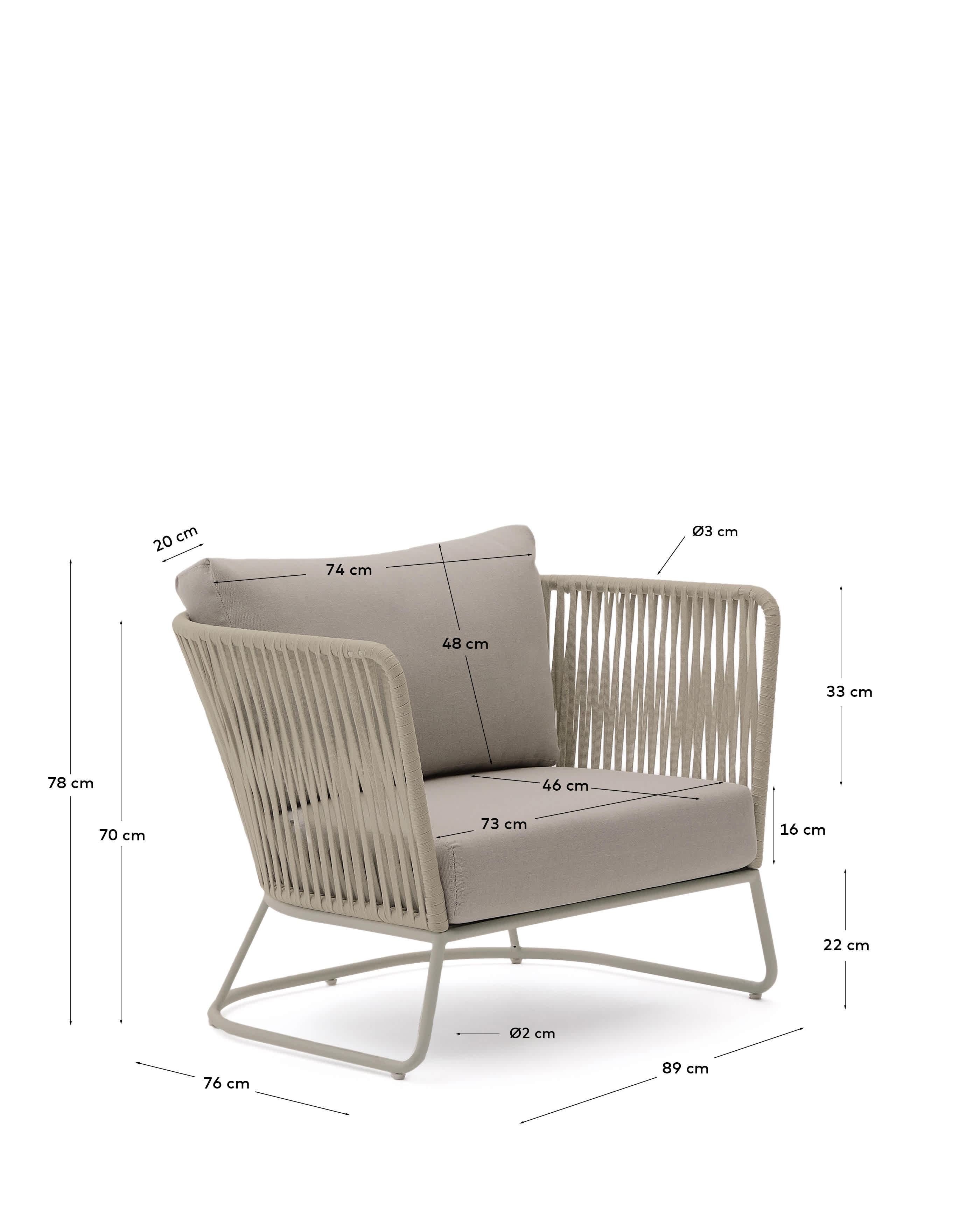 Saconca outdoor armchair in rope cord and beige galvanised steel
