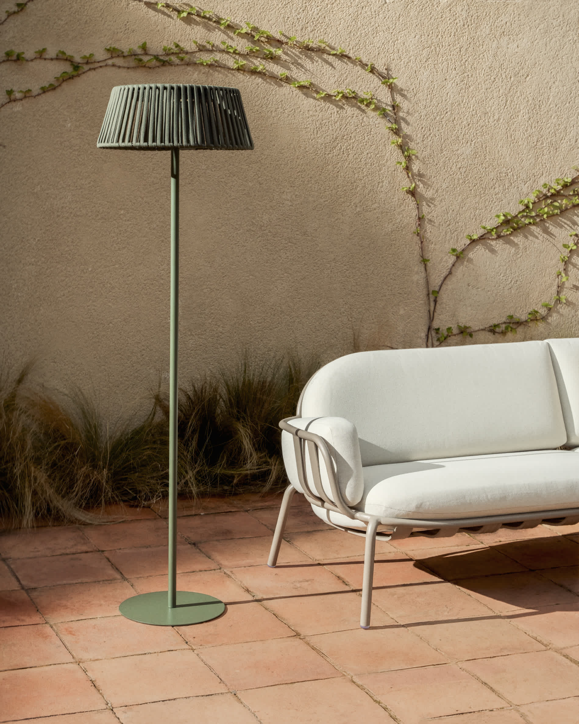 Joncols outdoor 3-seater sofa in aluminium with taupe painted finish and beige cushions 224cm