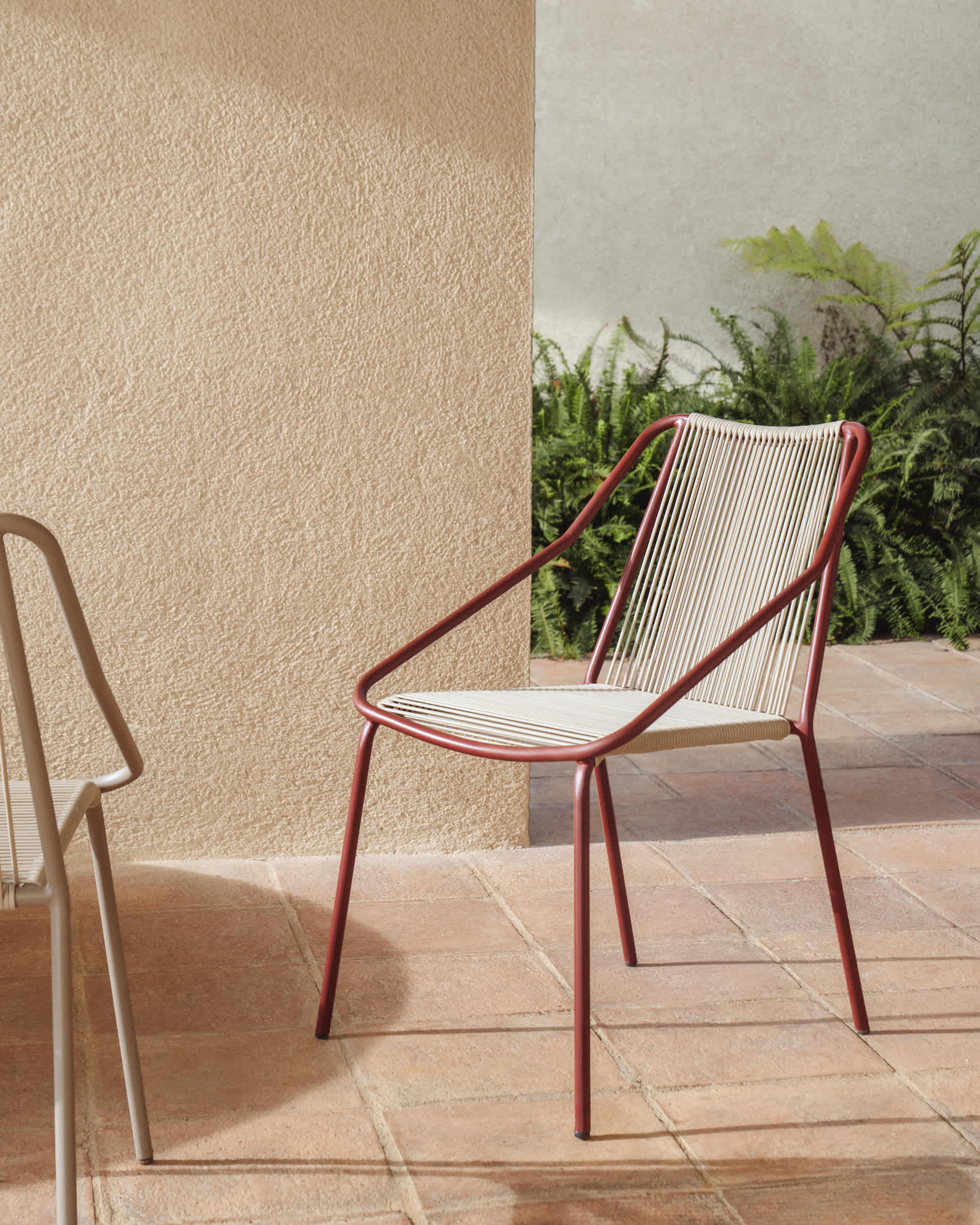 Zivia stackable outdoor chair in ecru rope cord and burgundy galvanised steel