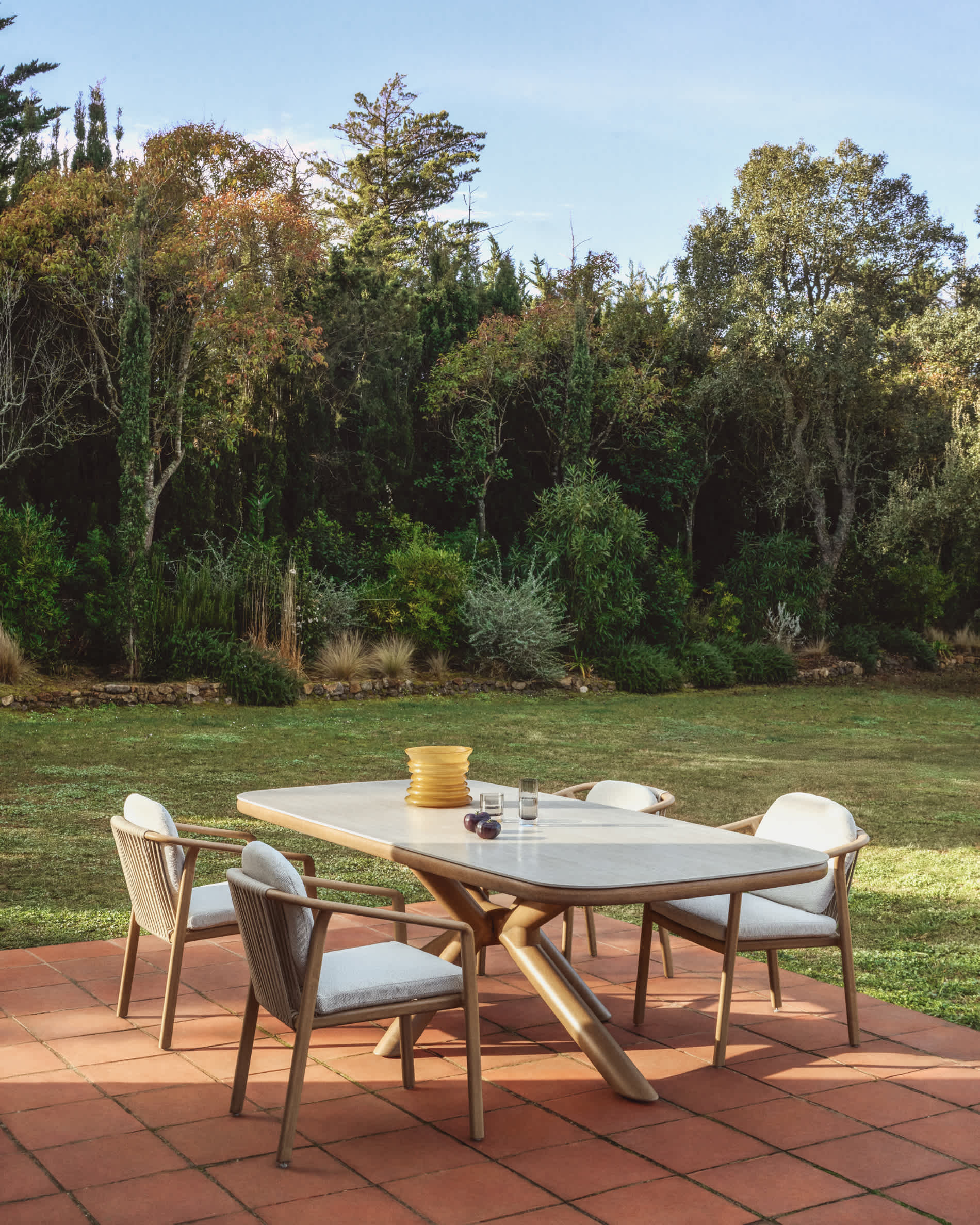 Mirtia outdoor table in wood-effect aluminium and ecru sintered stone 240 x 110cm