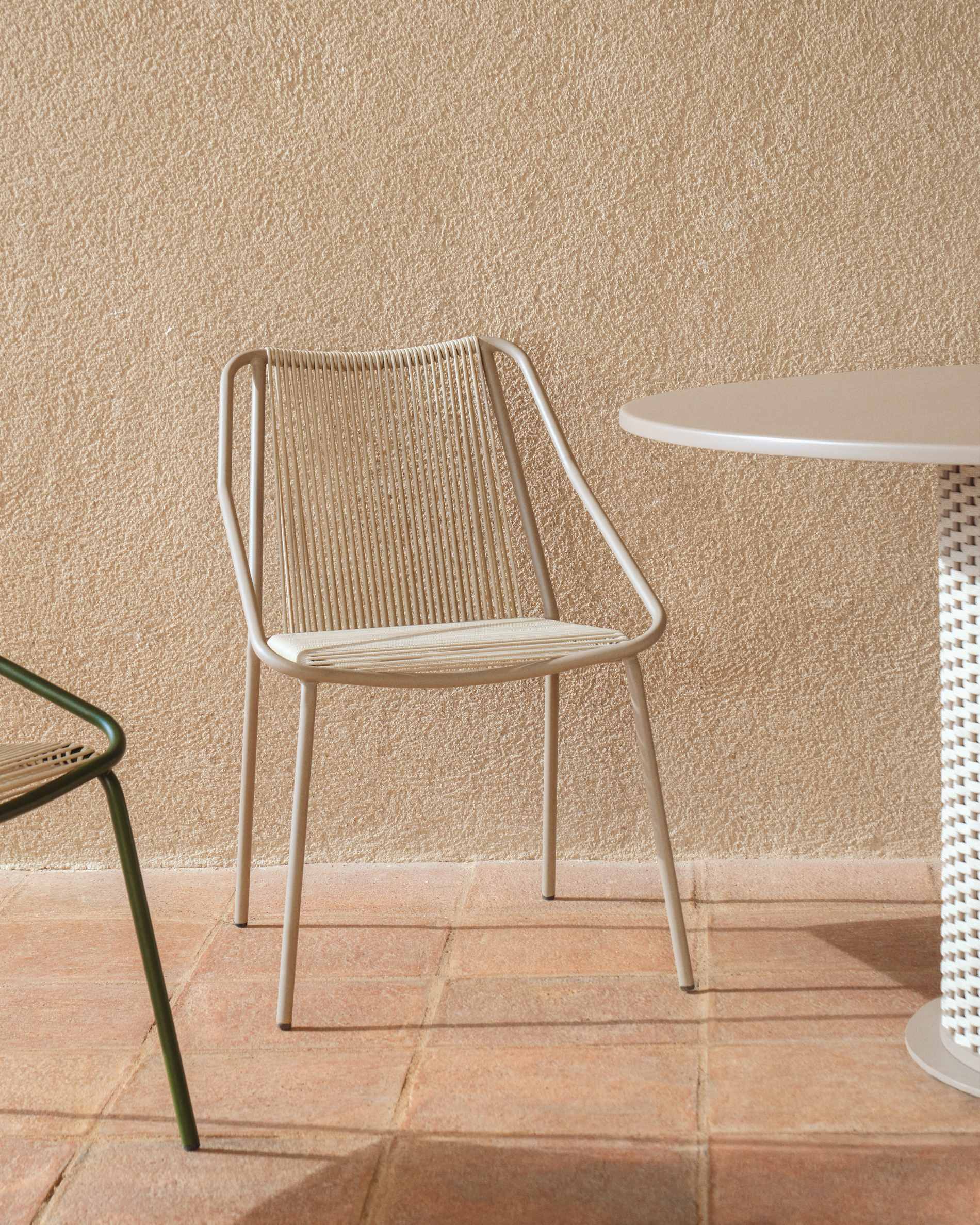 Zivia stackable outdoor chair in ecru rope cord and taupe galvanised steel