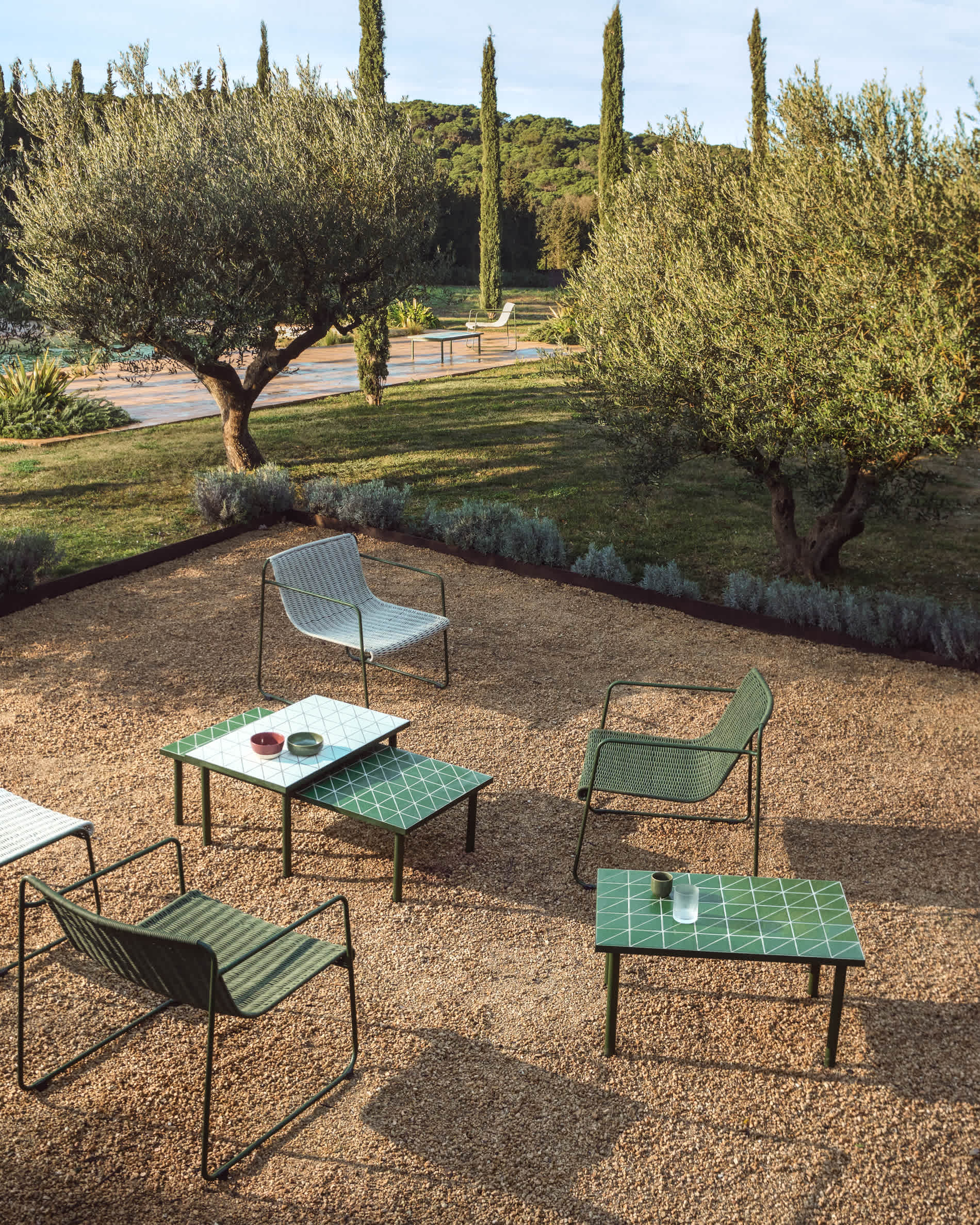 Maurina coffee table in green galvanised steel with green tiles 122 x 61 cm