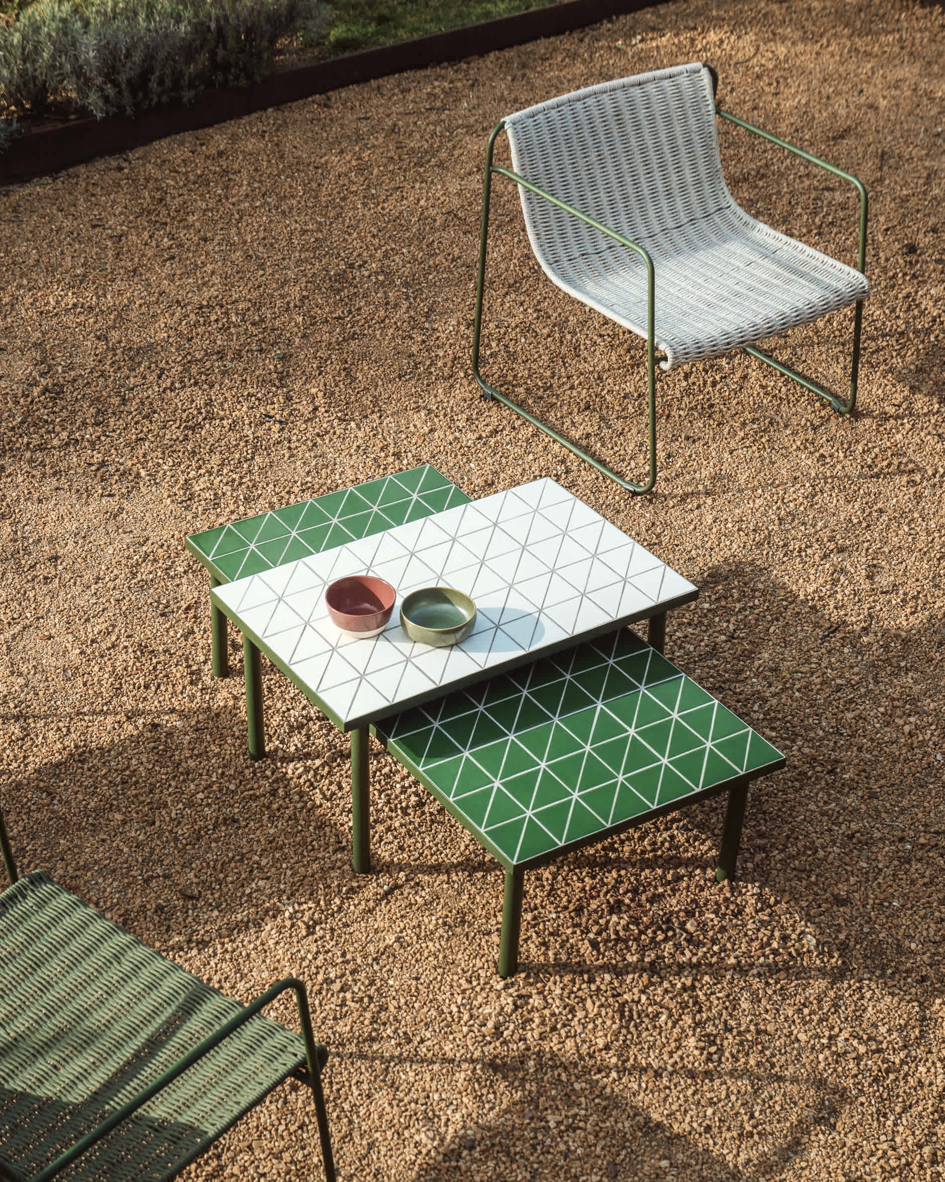 Maurina coffee table in green galvanised steel with green tiles 122 x 61 cm