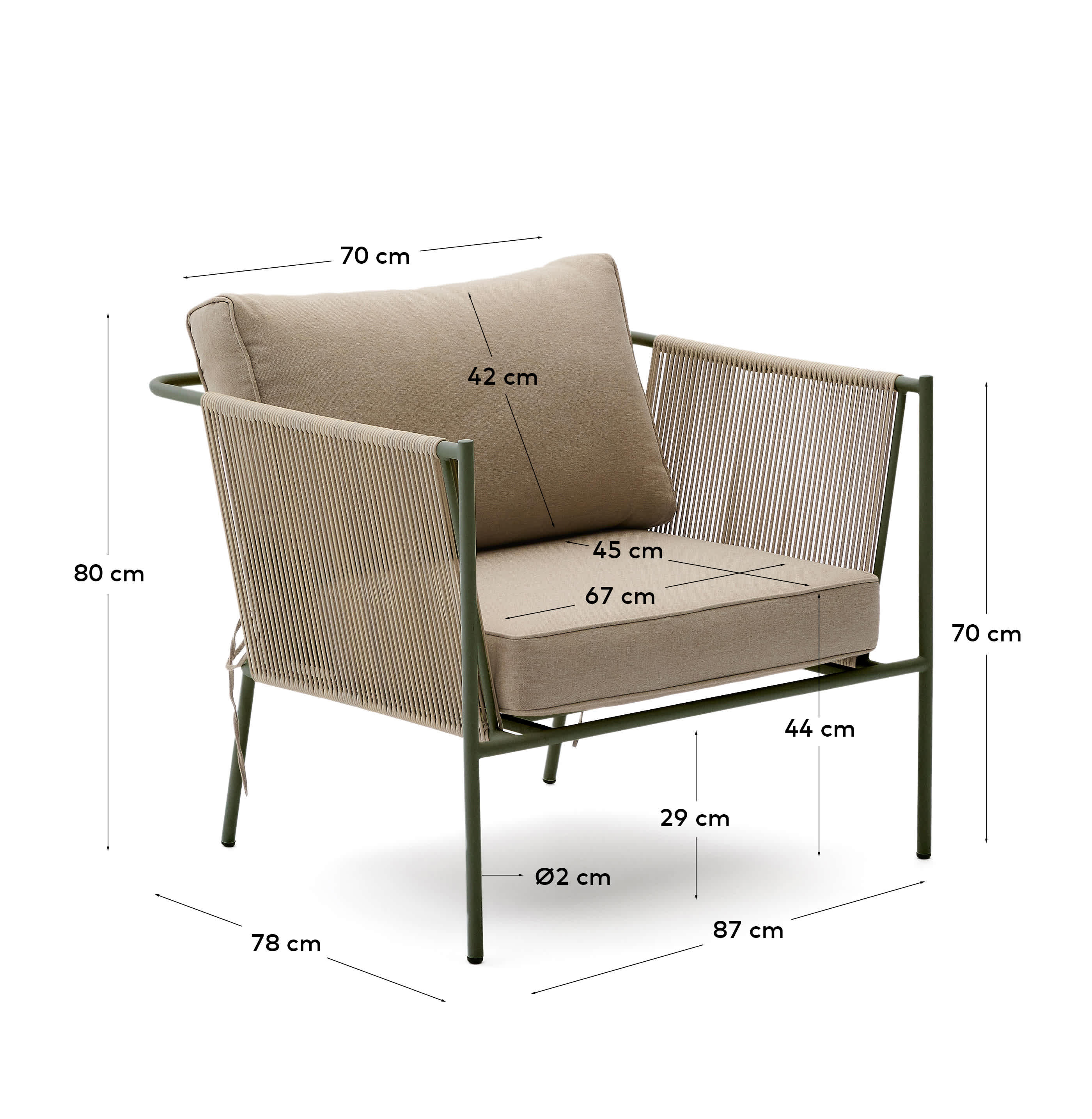 Zivia outdoor armchair in ecru rope cord and green galvanised steel