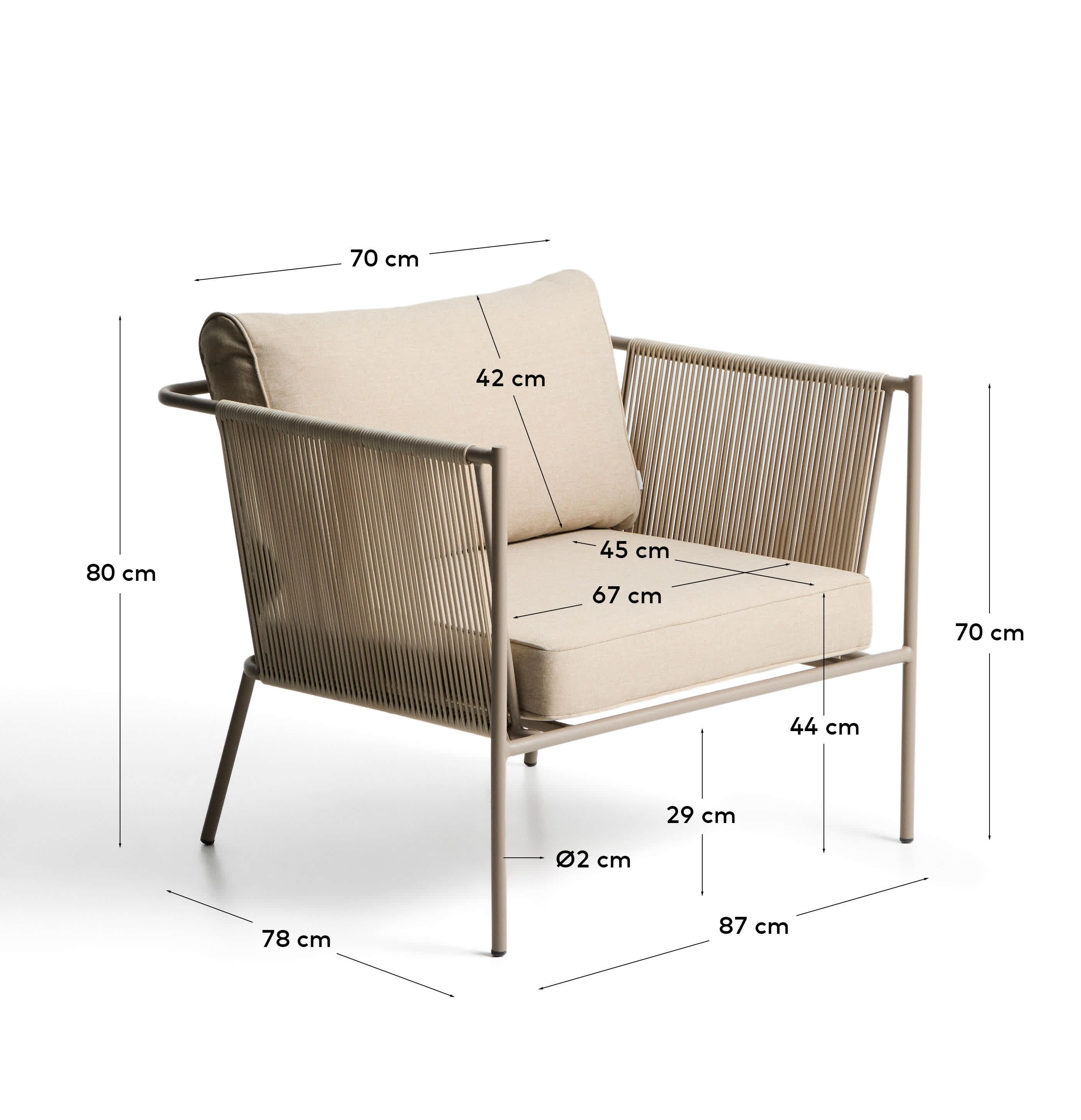 Zivia outdoor armchair in ecru rope cord and taupe galvanised steel