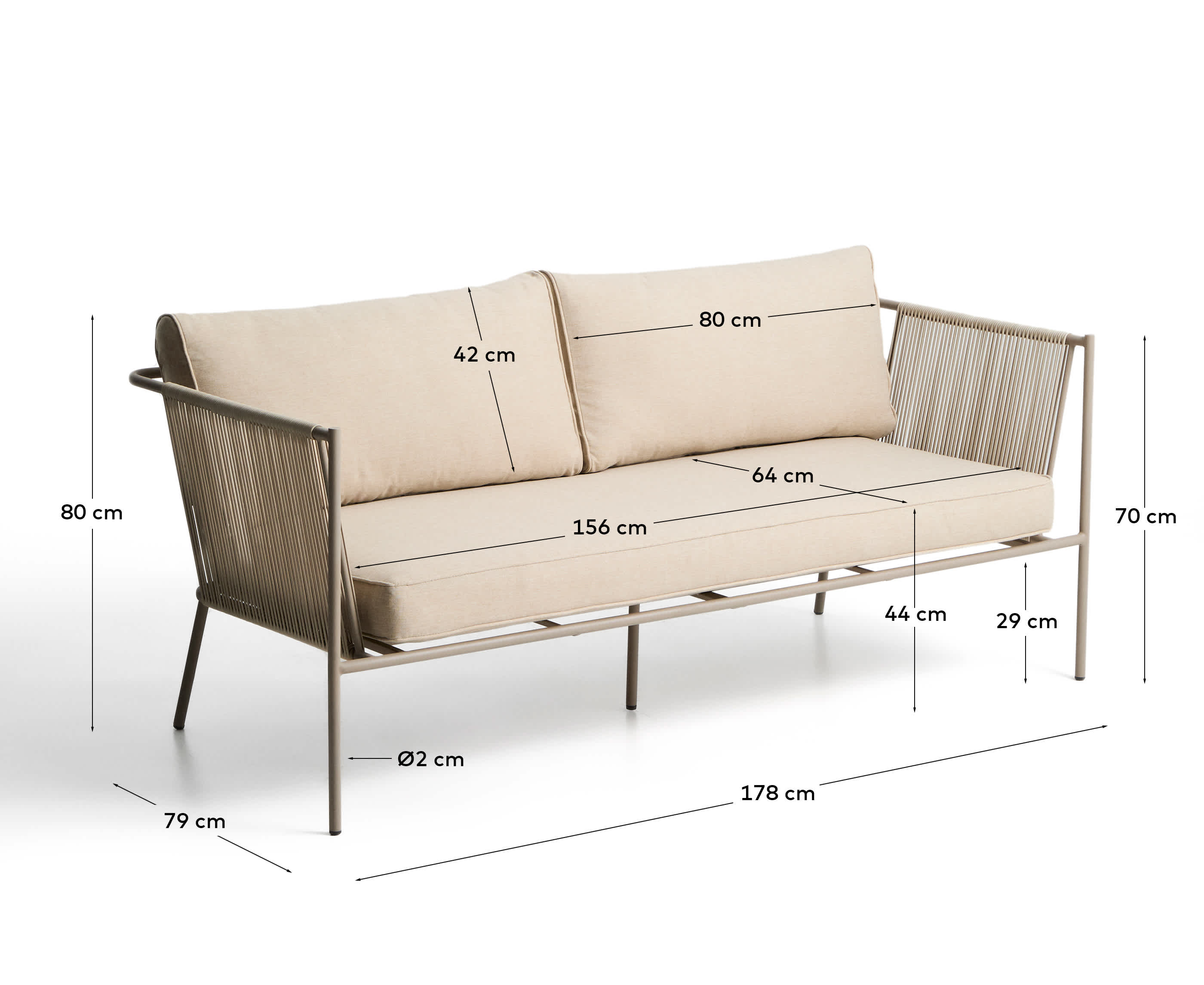 Zivia 2-seater outdoor sofa in ecru rope cord and taupe galvanised steel 178cm