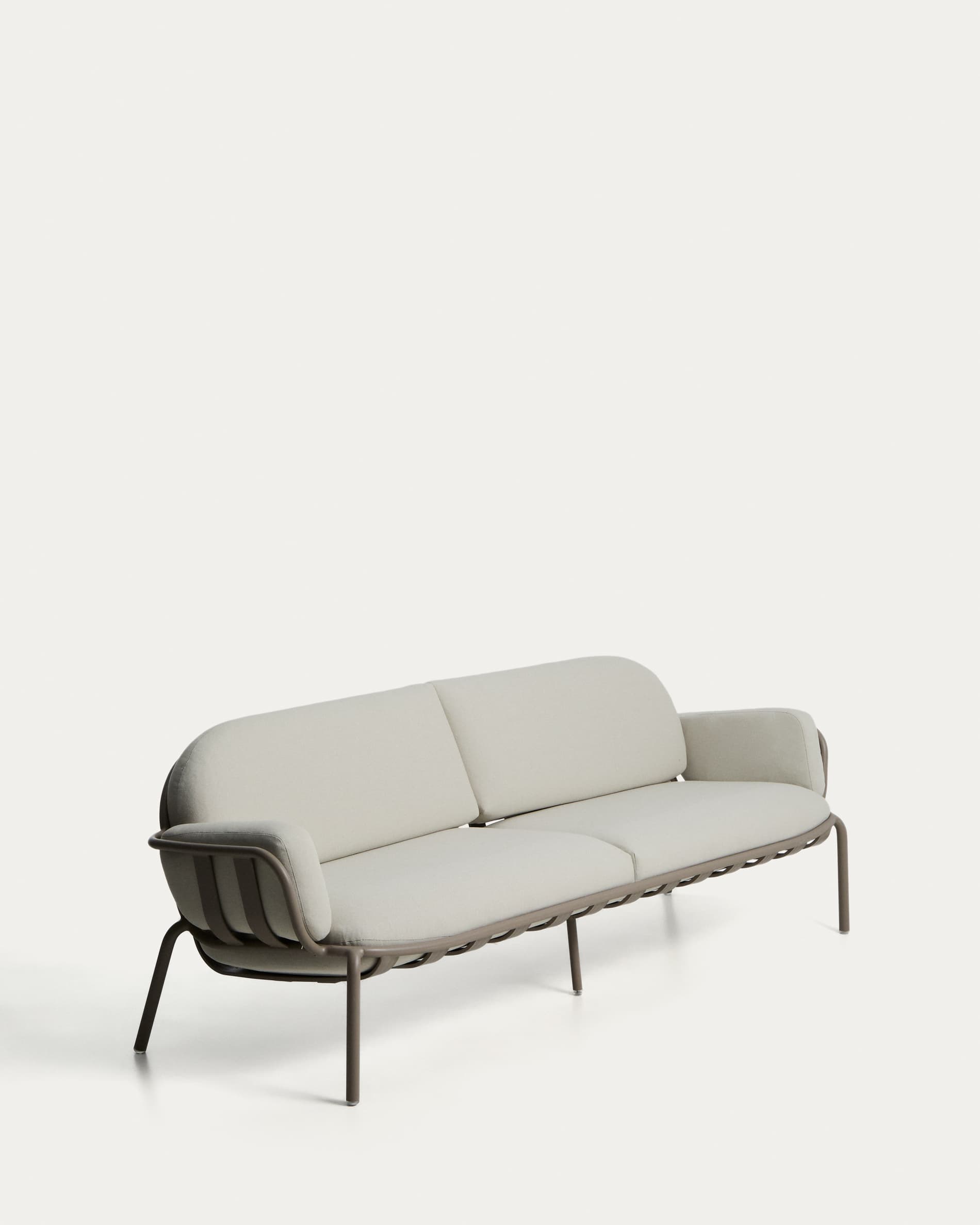 Joncols outdoor 3-seater sofa in aluminium with taupe painted finish and beige cushions 224cm