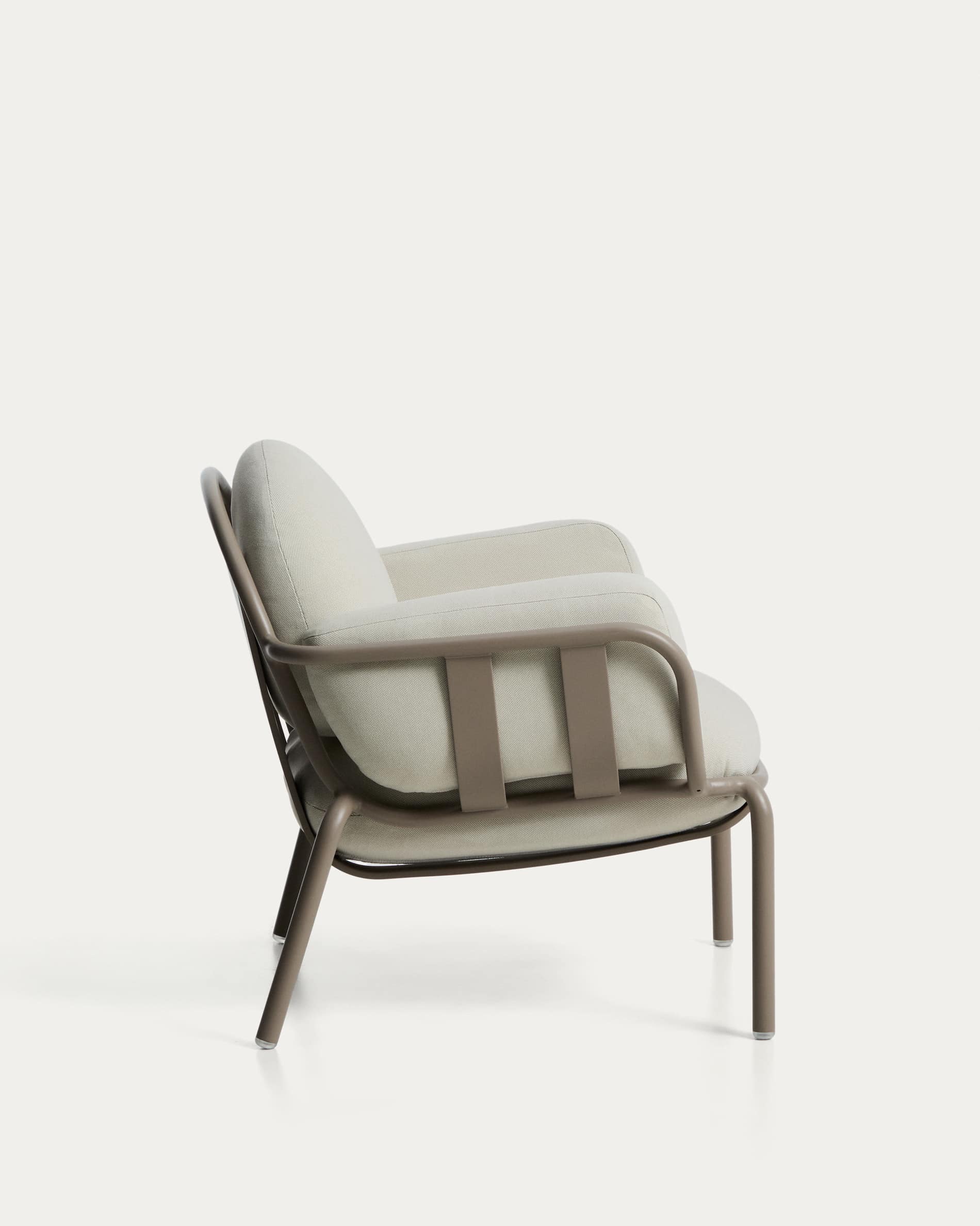 Joncols outdoor armchair in aluminium with taupe painted finish and beige cushions