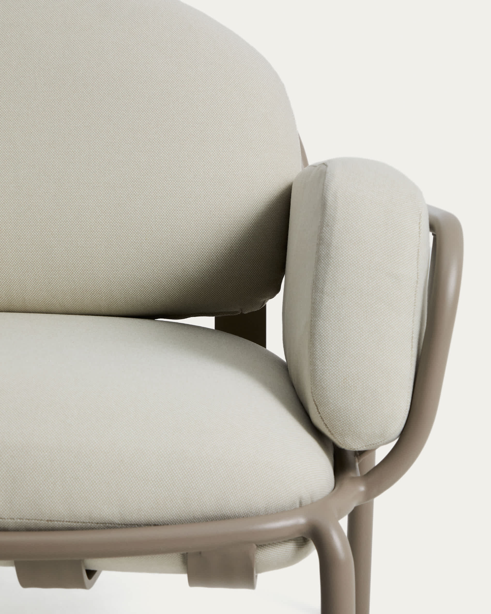 Joncols outdoor armchair in aluminium with taupe painted finish and beige cushions