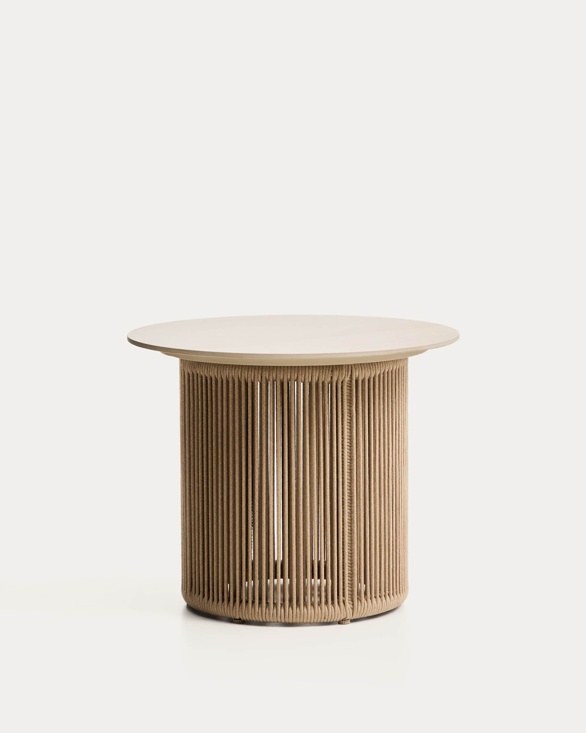Orosei outdoor side table in sintered stone, aluminium and ecru rope Ø 55 cm