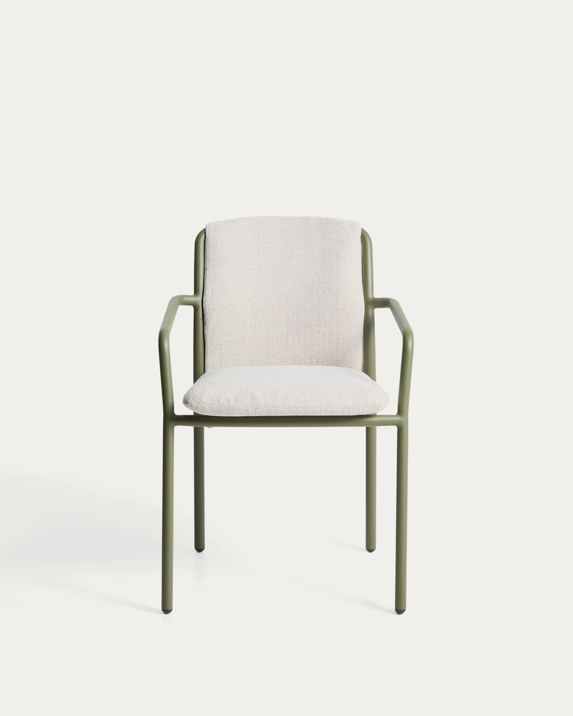 Linosa stackable outdoor chair in green aluminium with beige cushion