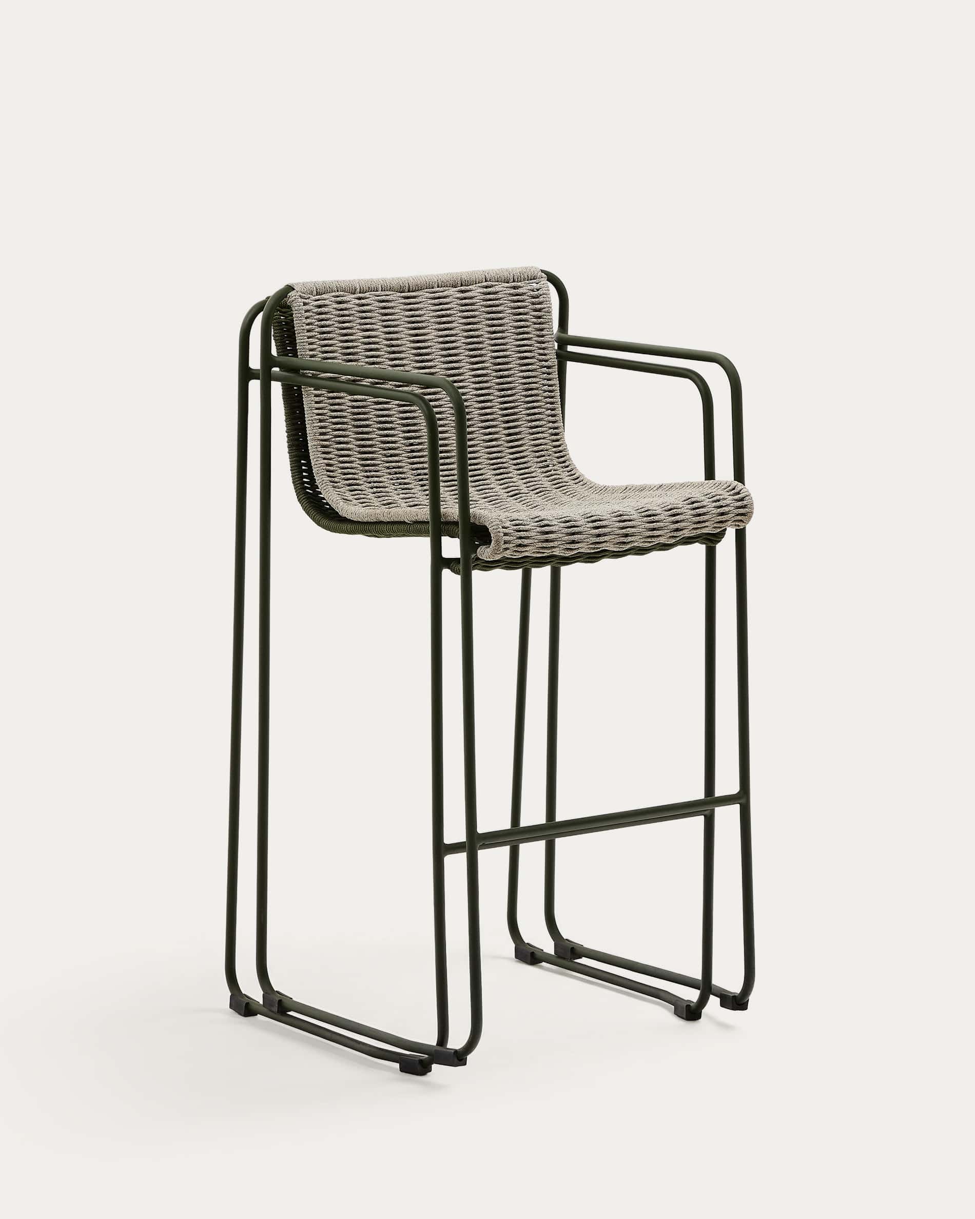 Maurina stool in green galvanised steel and ecru and grey rope cord 74,5cm