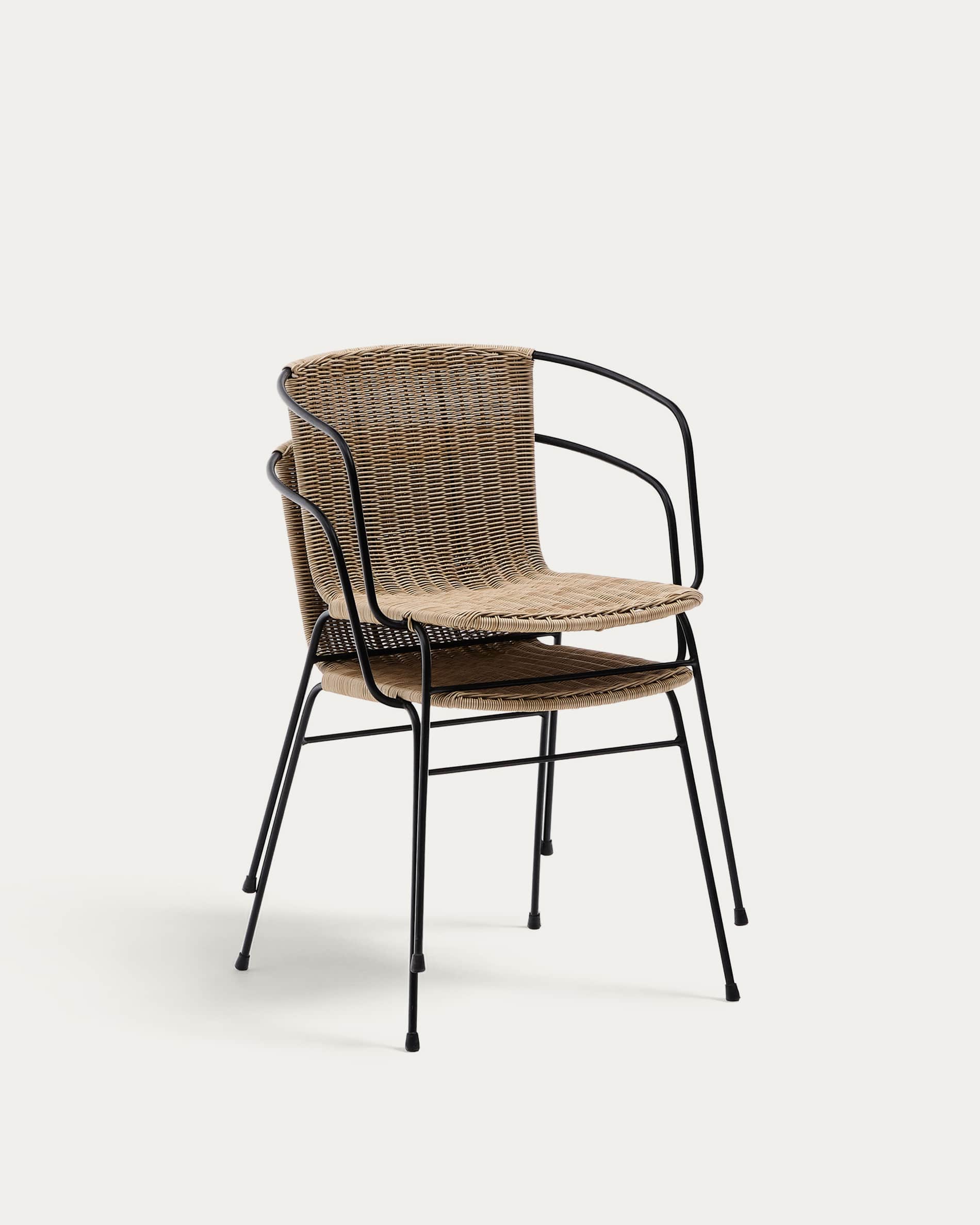 Eltiera stackable chair in synthetic rattan with black steel frame and armrests