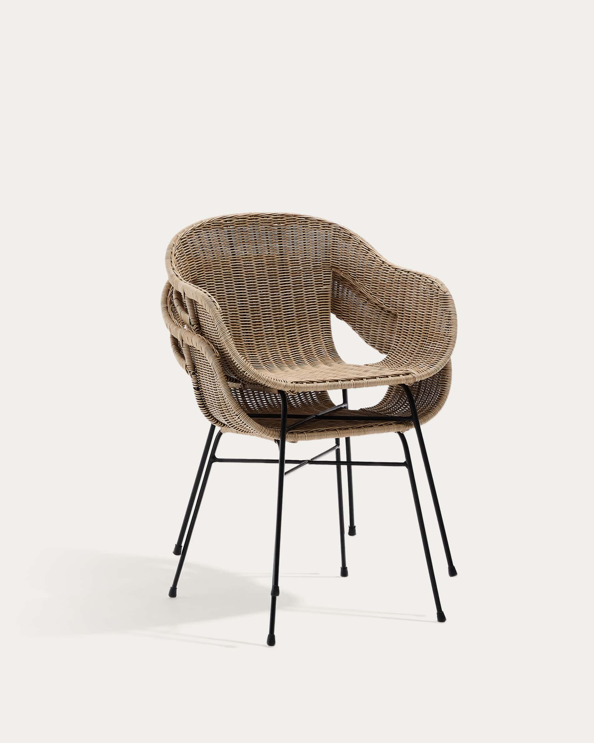 Eltiera stackable chair in synthetic rattan with black steel frame