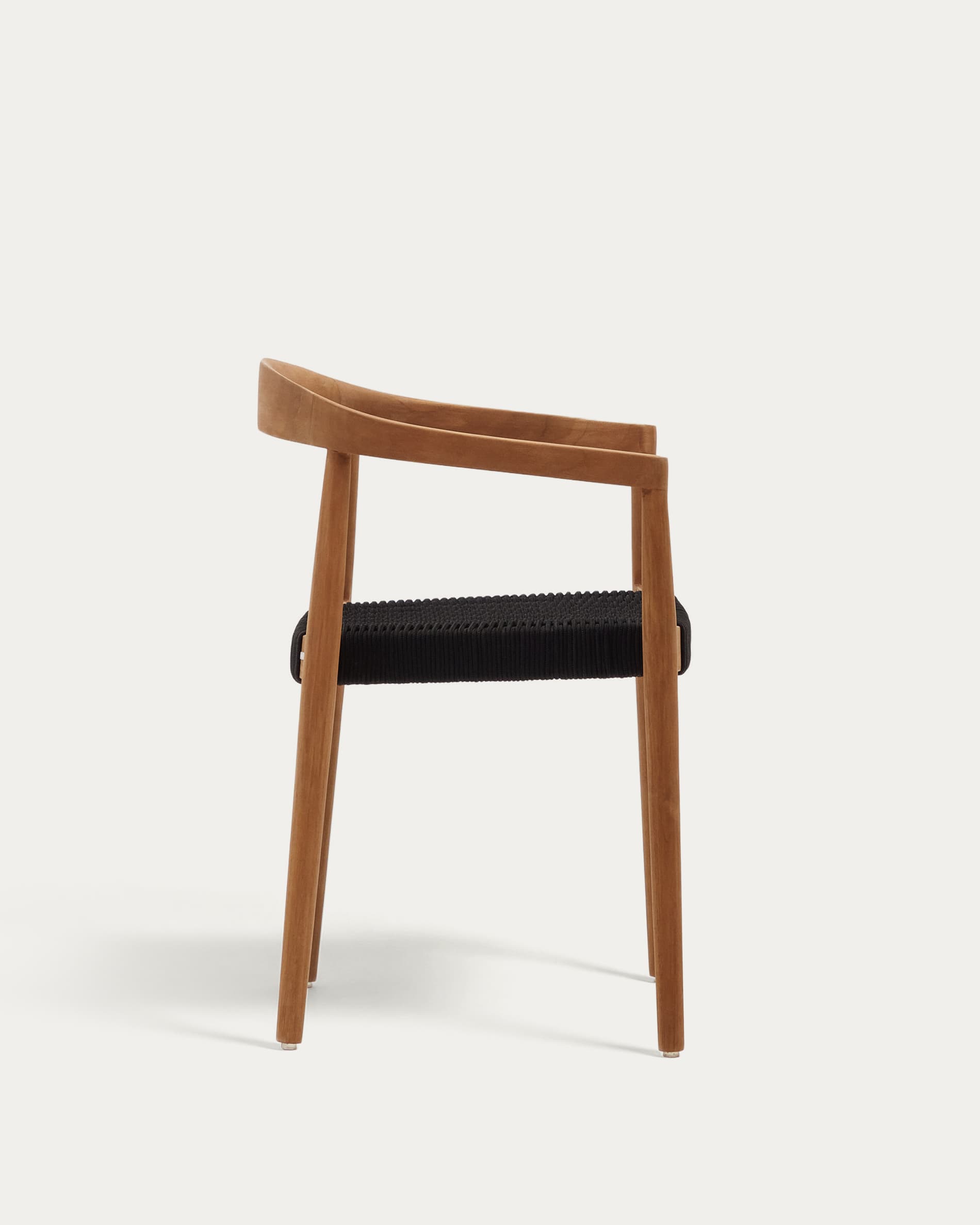 Ydalia stackable outdoor chair in solid teak wood with natural finish and black rope