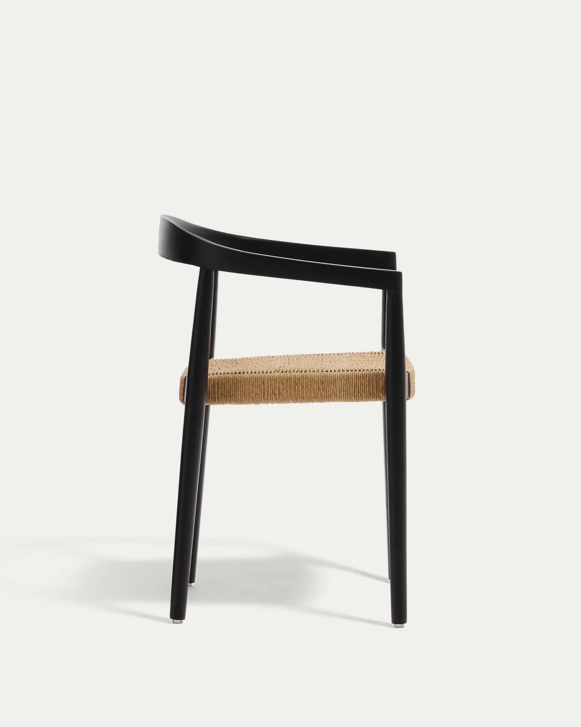 Ydalia stackable outdoor chair in solid teak wood with black finish and synthetic rattan rope