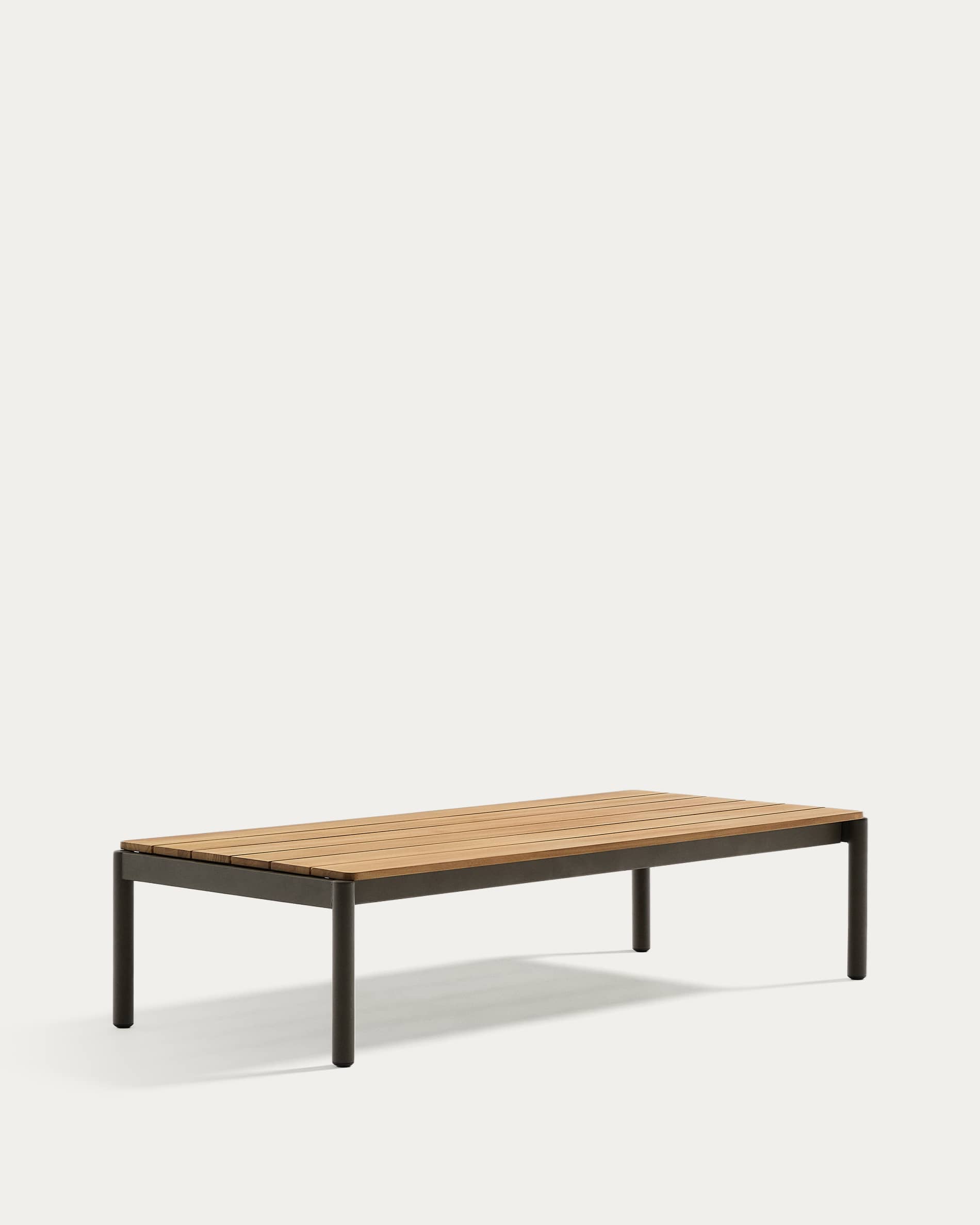 Sorells coffee table in green aluminum and teak wood 63 x 144,6 cm FSC 100%