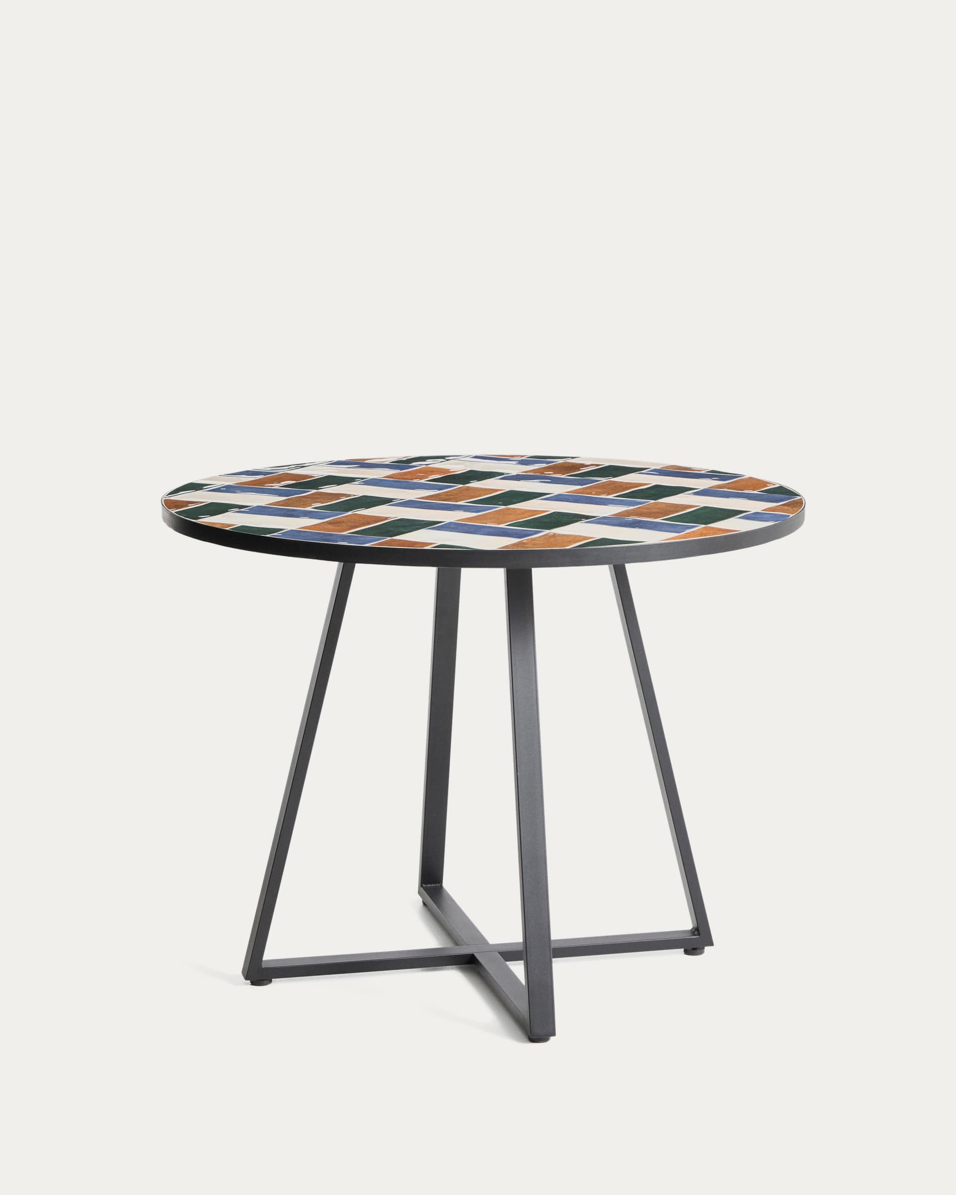 Tella round table in graphite galvanised steel with multicoloured tiles Ø120 cm