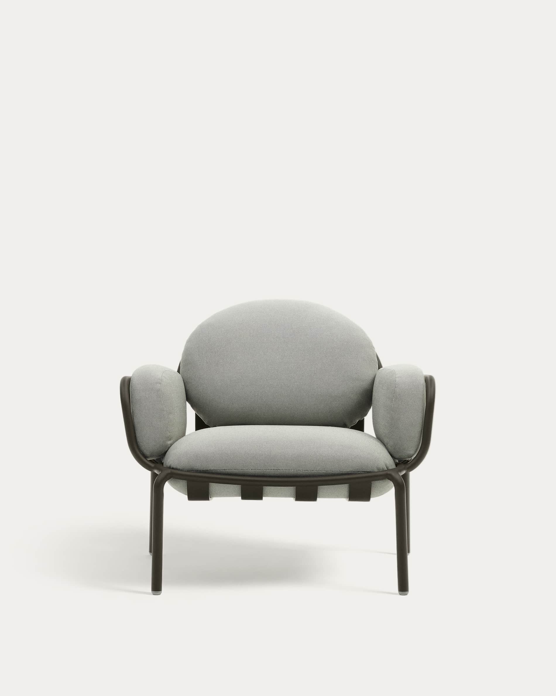 Joncols outdoor armchair in aluminium with grey painted finish and grey cushions
