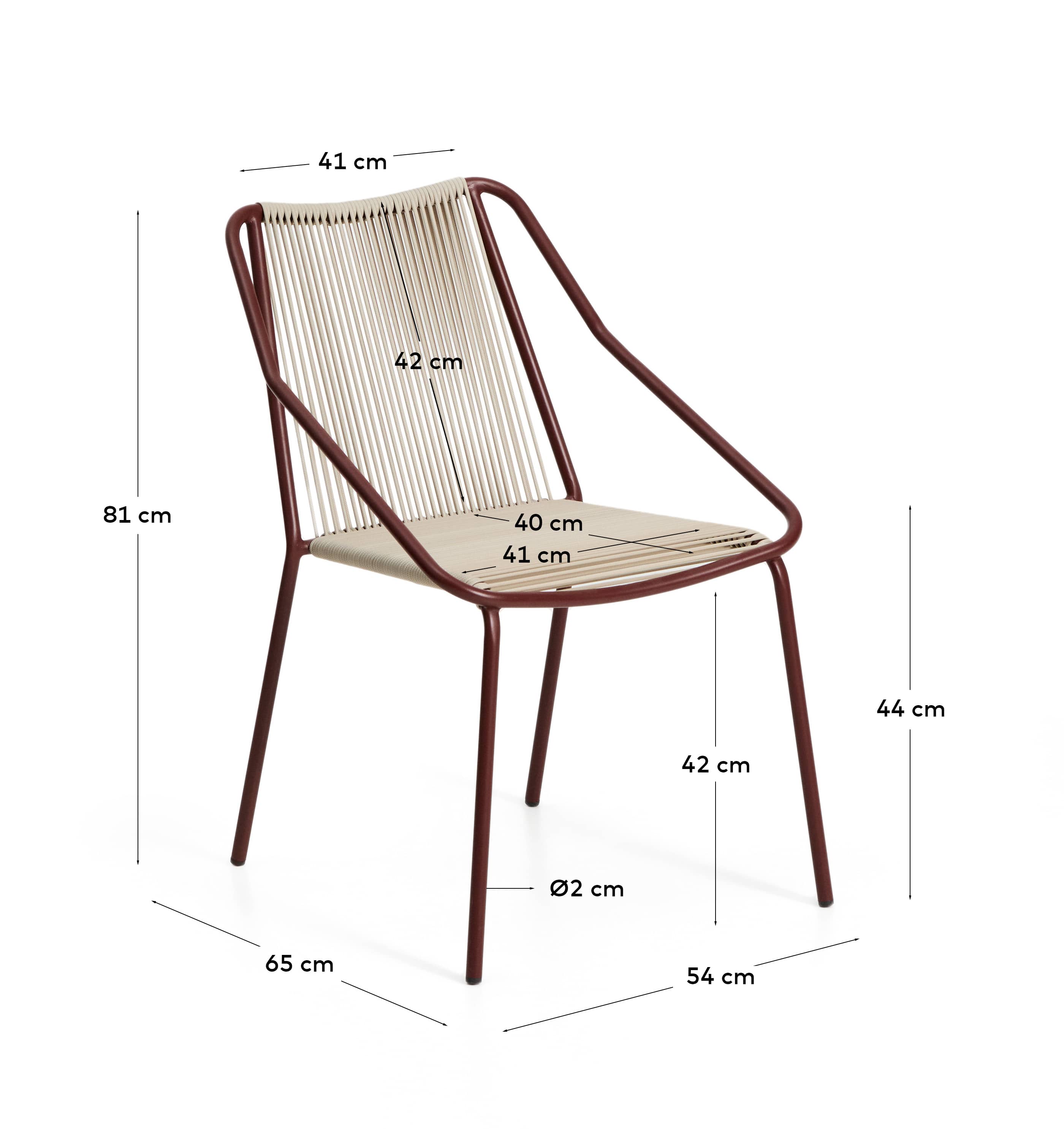 Zivia stackable outdoor chair in ecru rope cord and burgundy galvanised steel