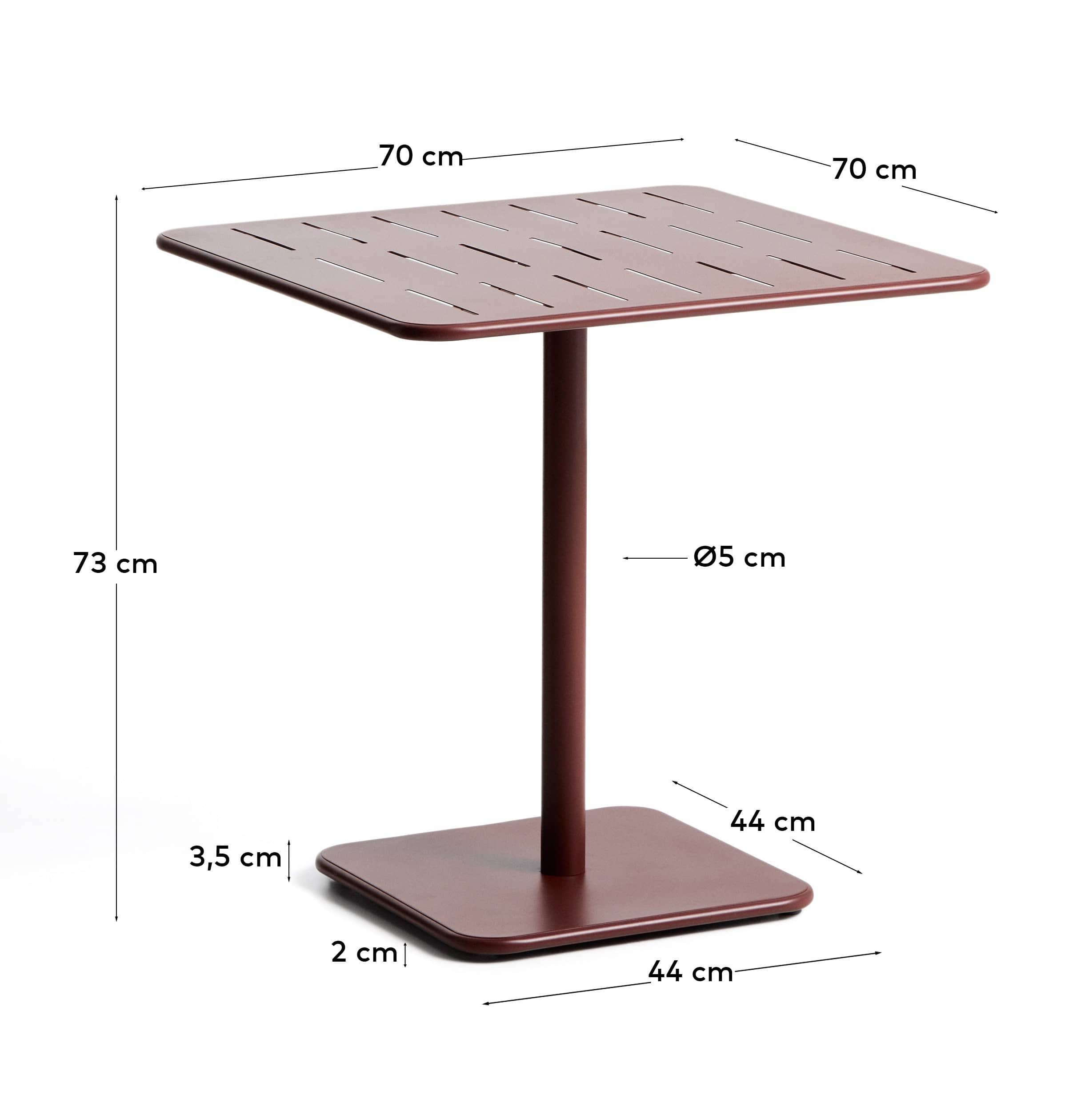 Brai outdoor table in burgundy galvanised steel 70 x 70cm