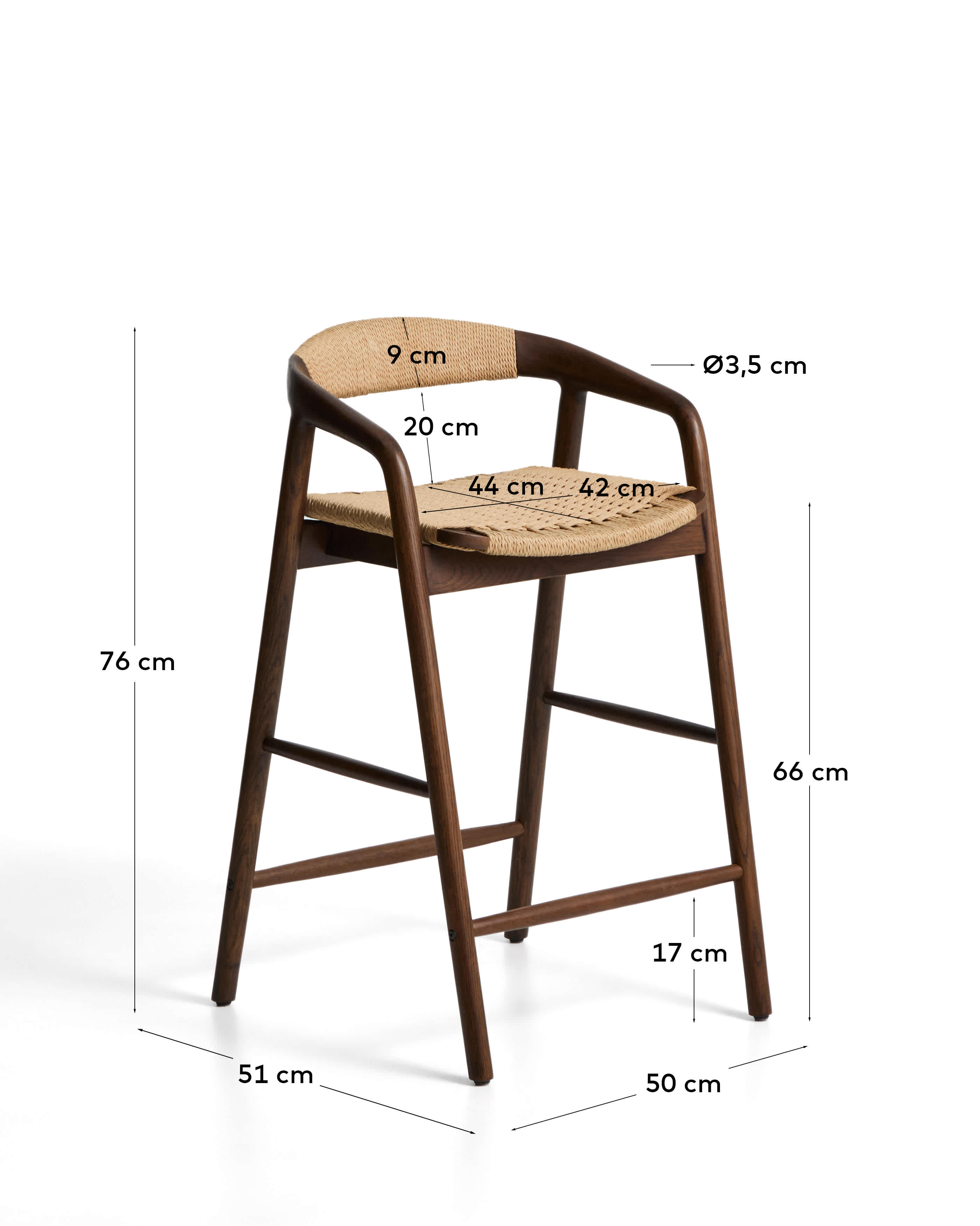 Derile stool in solid oak wood with walnut finish and beige paper rope cord FSC Mix Credit 65 cm