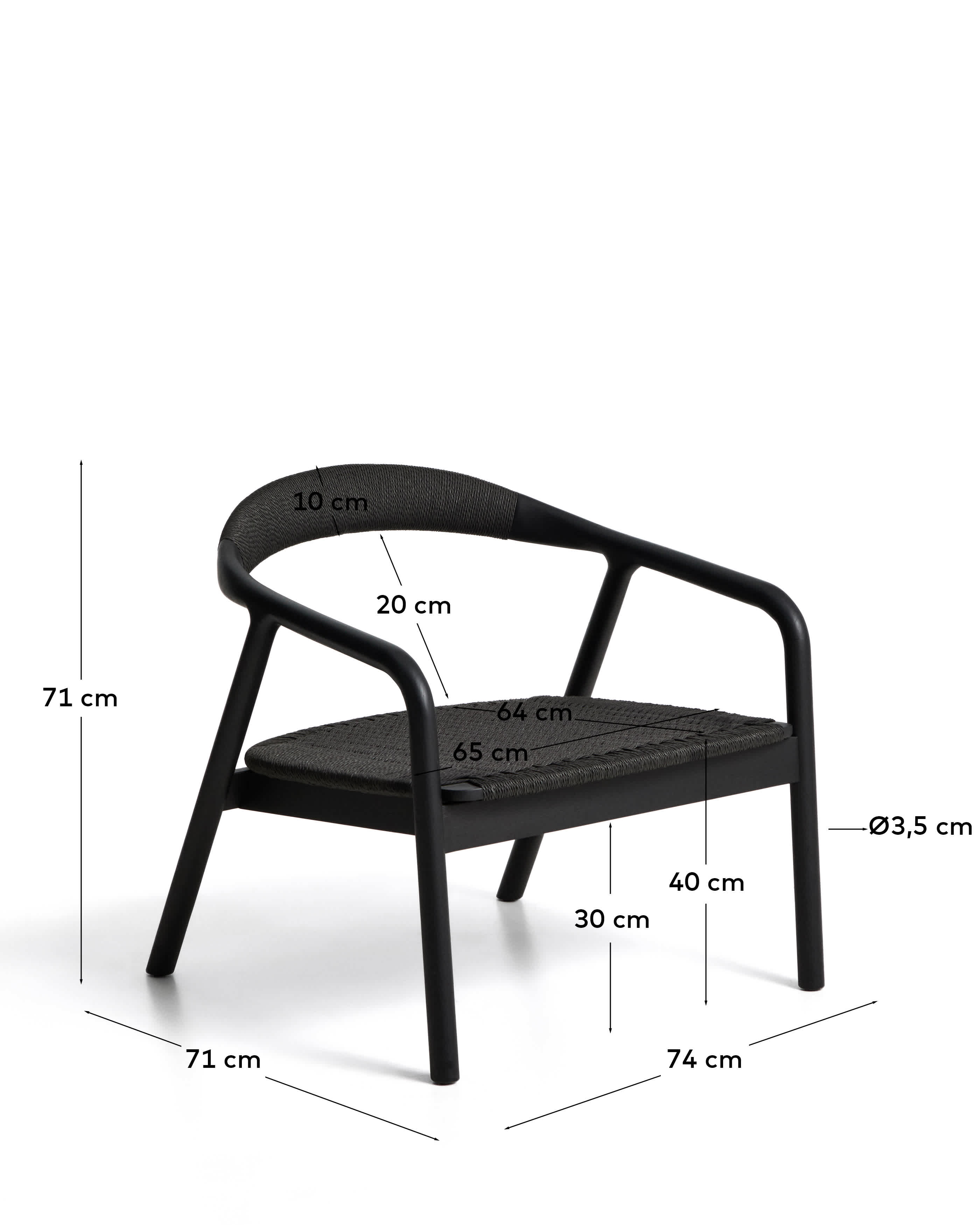 Derile armchair in solid oak wood with black finish and black paper rope FSC Mix Credit.