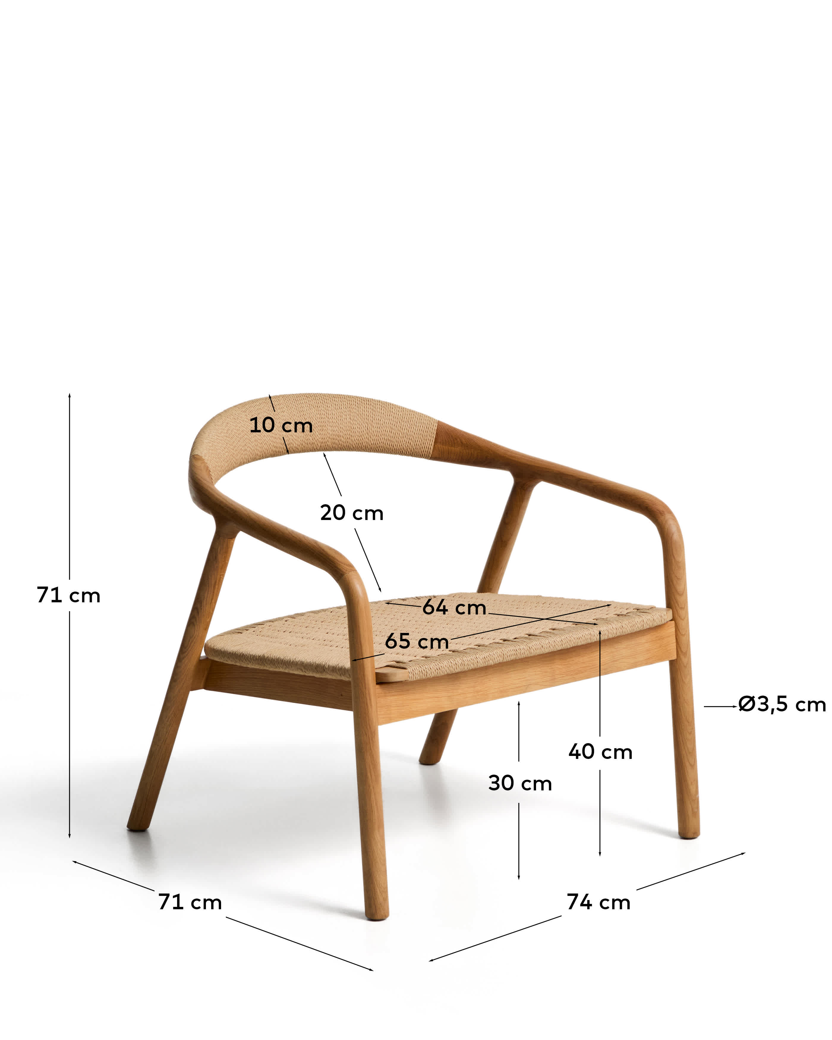 Derile armchair in solid oak wood with natural-tone finish and beige paper rope cord FSC Mix Credit