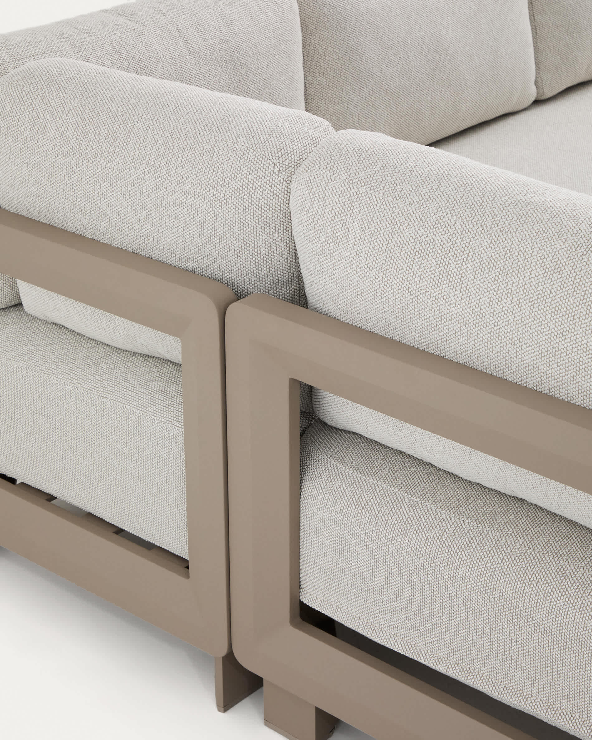 Nerano set with 5-seater corner sofa, armchair and coffee table in tempered glass and taupe aluminium