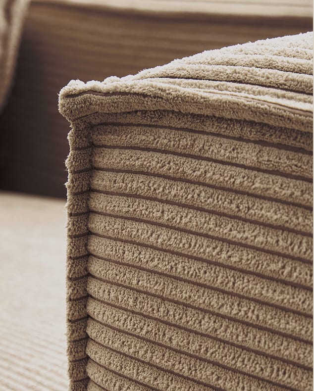 Close up image of the taupe corduroy fabric for the Blok sofa.