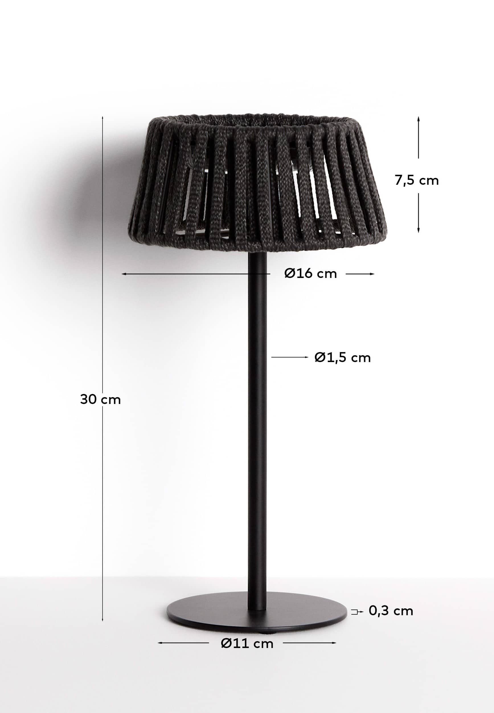 Aldet outdoor solar table lamp in black flat rope cord with metal stand