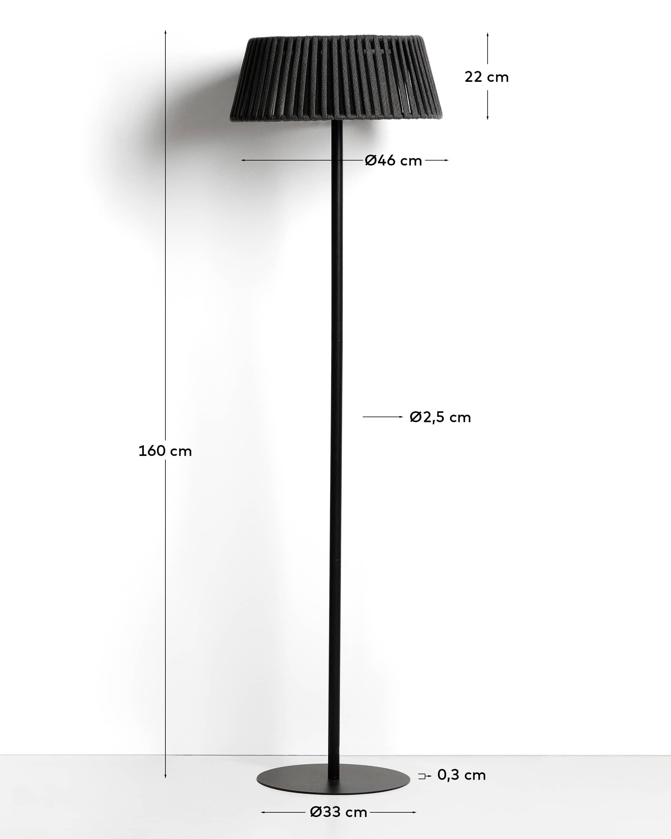 Aldet outdoor solar floor lamp in black flat rope cord with metal base Ø46cm