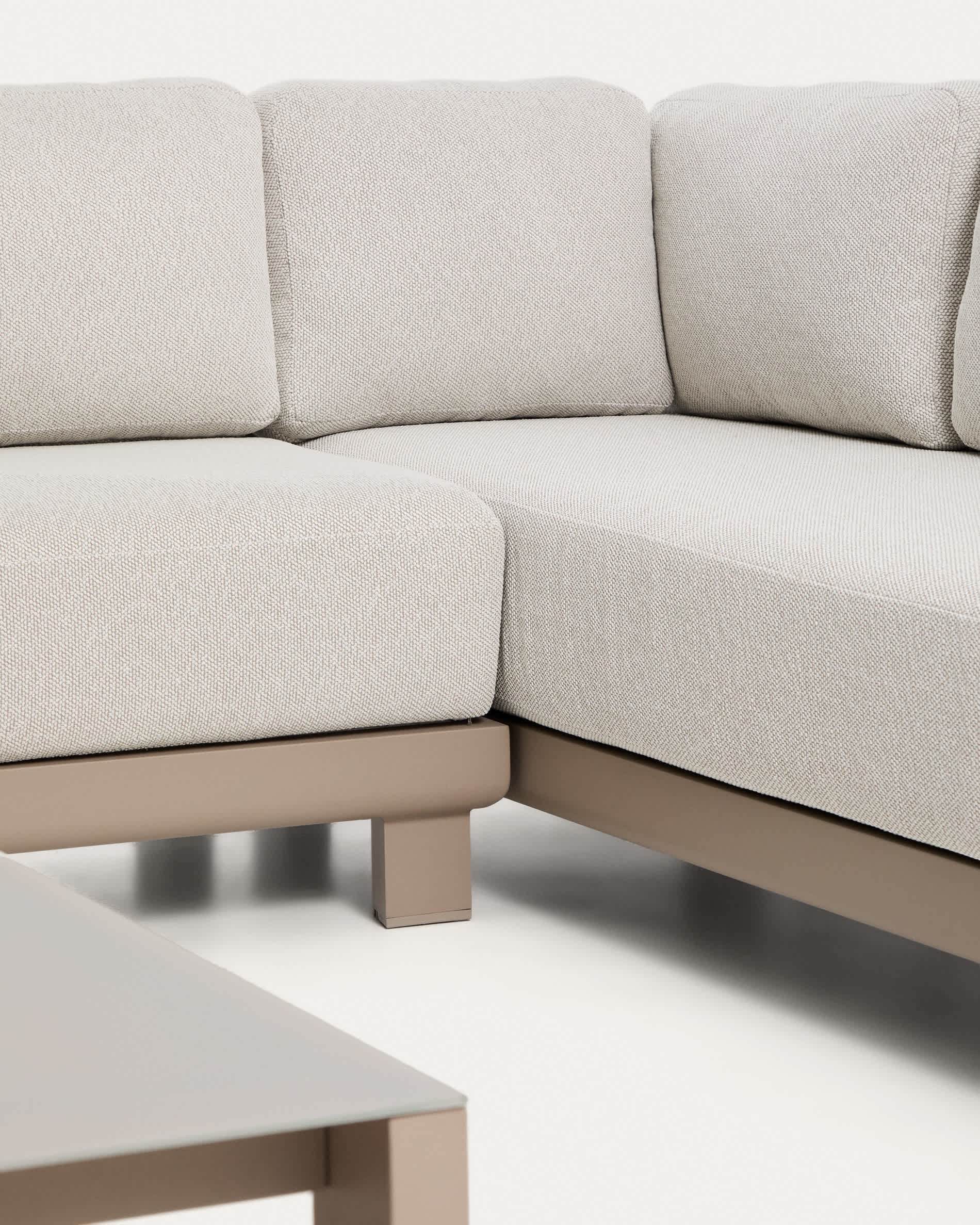 Nerano set with 5-seater corner sofa and coffee table in tempered glass and taupe aluminium