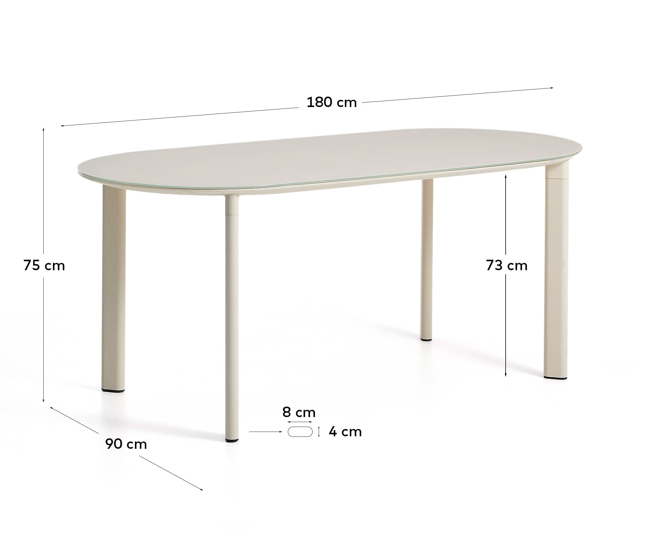 Erice oval table in aluminium and ecru tempered glass 180 x 90 cm