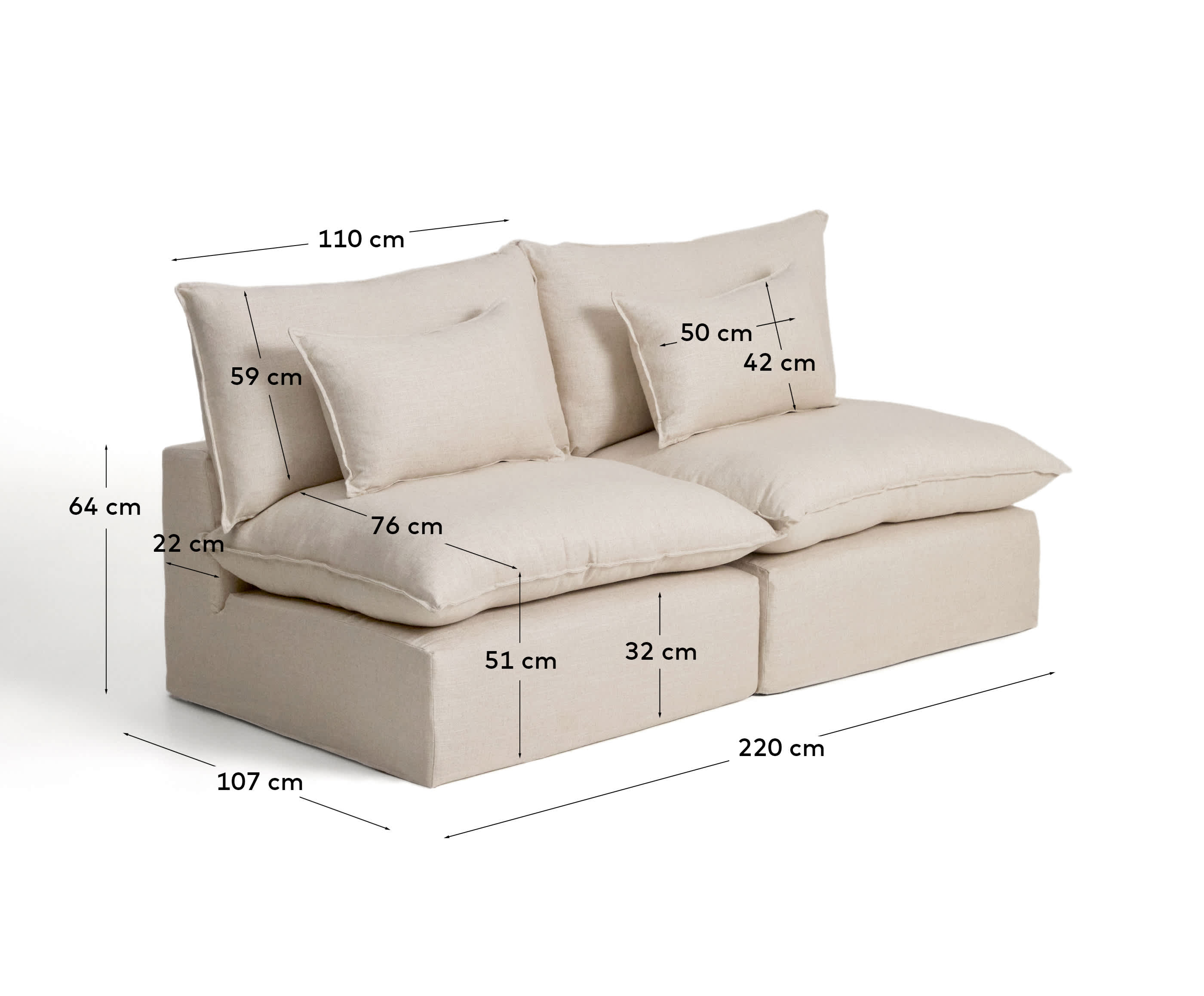 Anarela beige linen and viscose 3-seater modular sofa with removable cover 220cm FSC Mix Credit