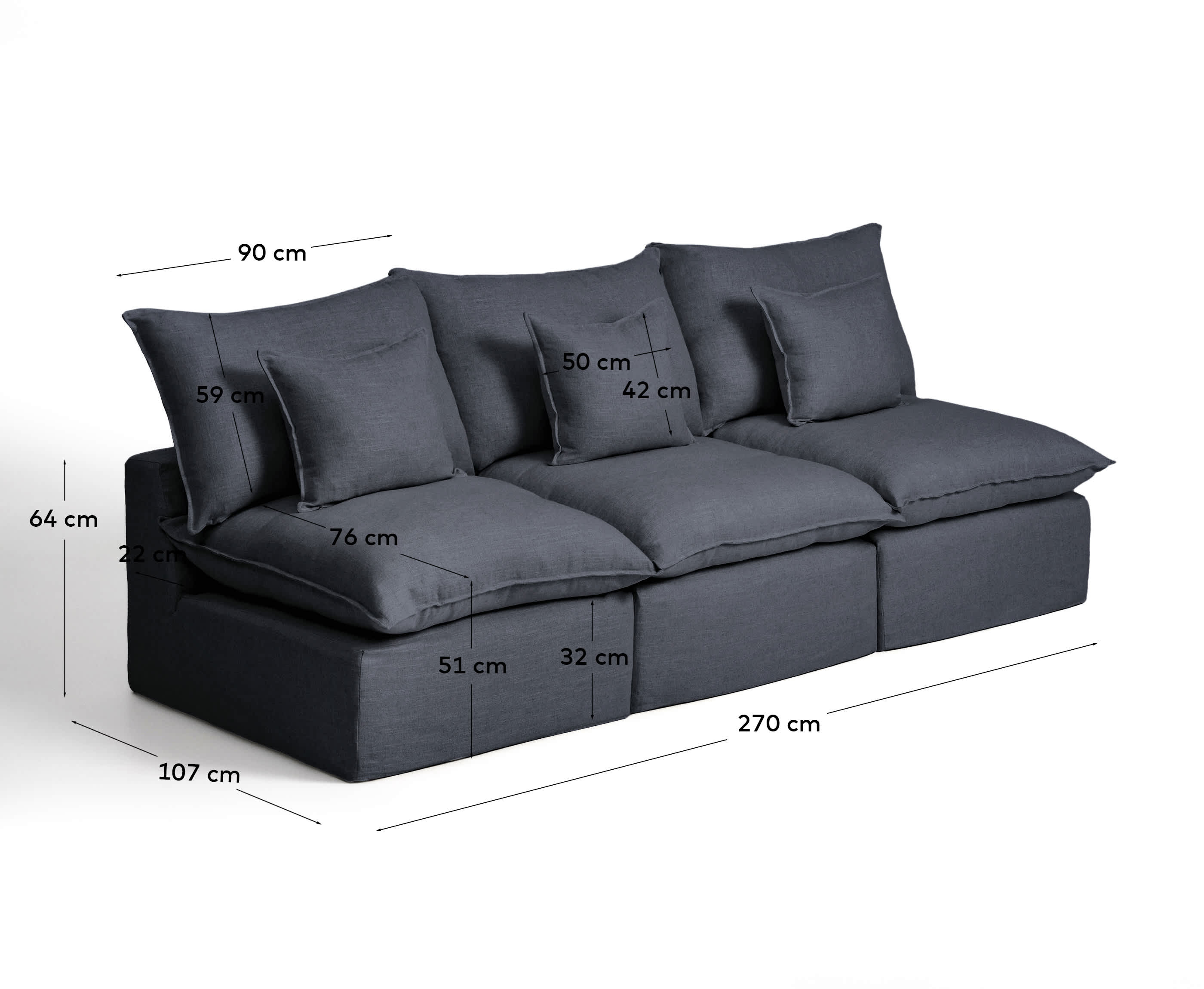Anarela dark grey linen and viscose 3-seater modular sofa with removable cover 270cm FSC Mix Credit
