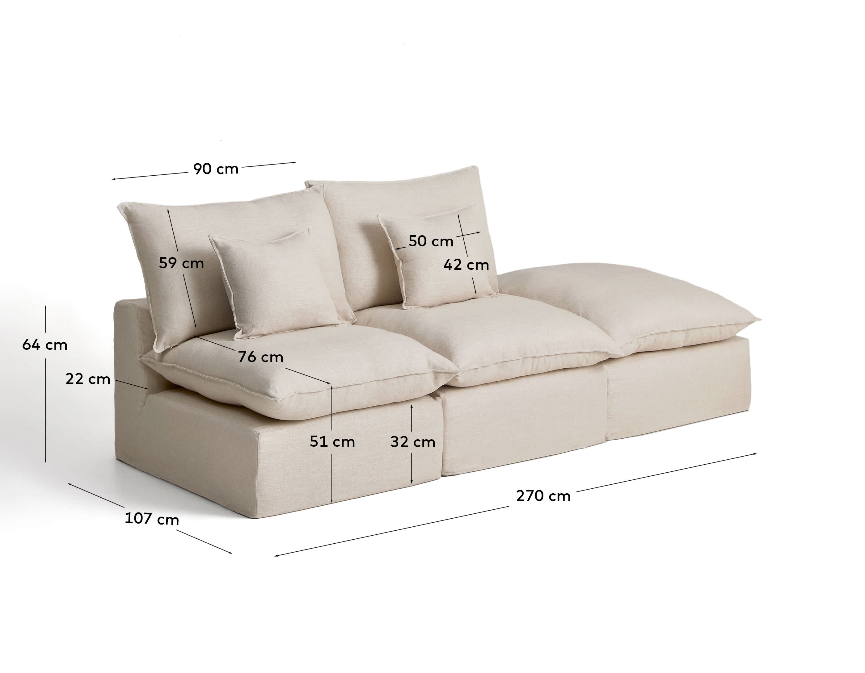 Anarela beige linen and viscose 2-seater modular sofa with end module and removable cover 270cm FSC Mix Credit