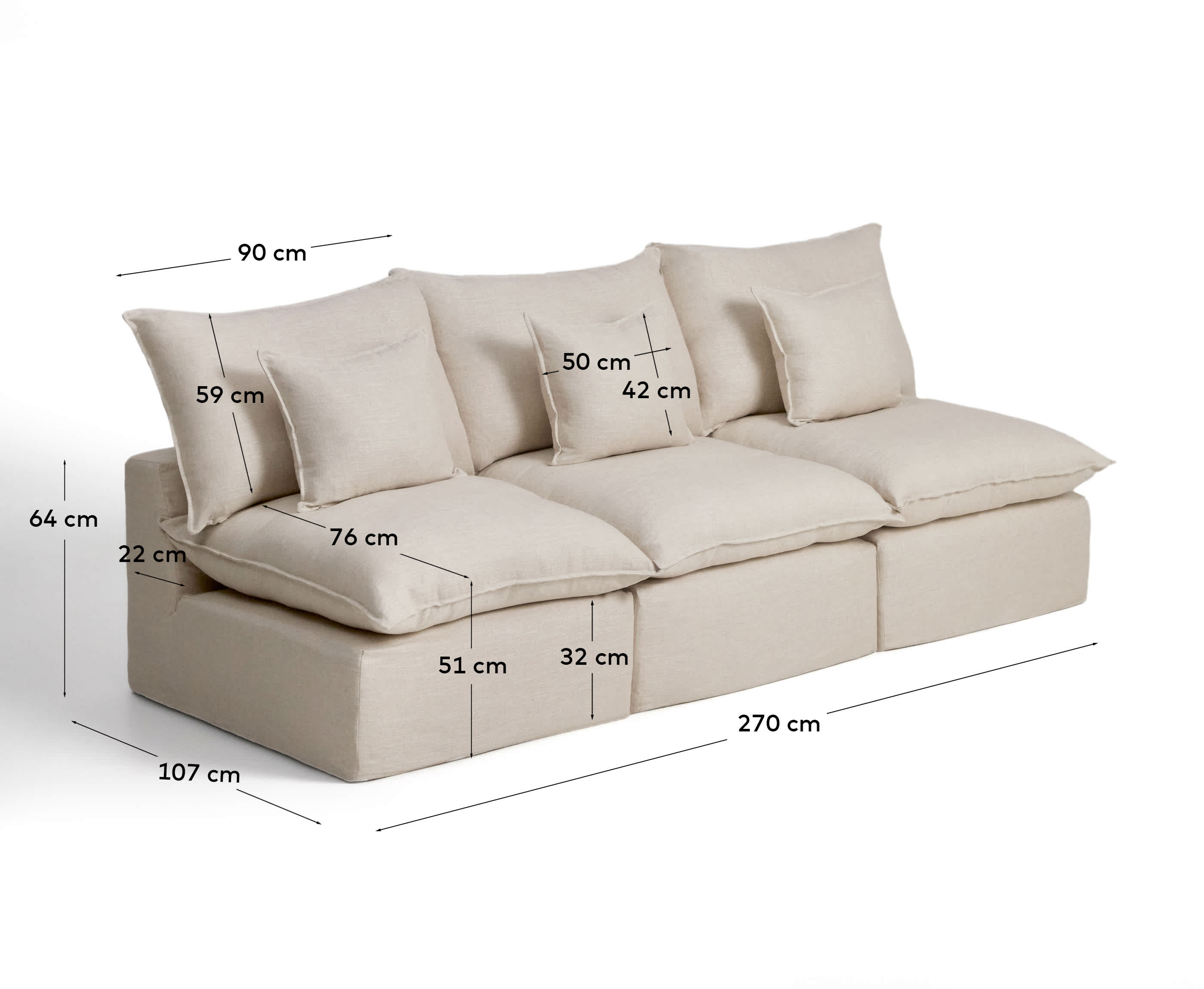 Anarela beige linen and viscose 3-seater modular sofa with removable cover 270cm FSC Mix Credit