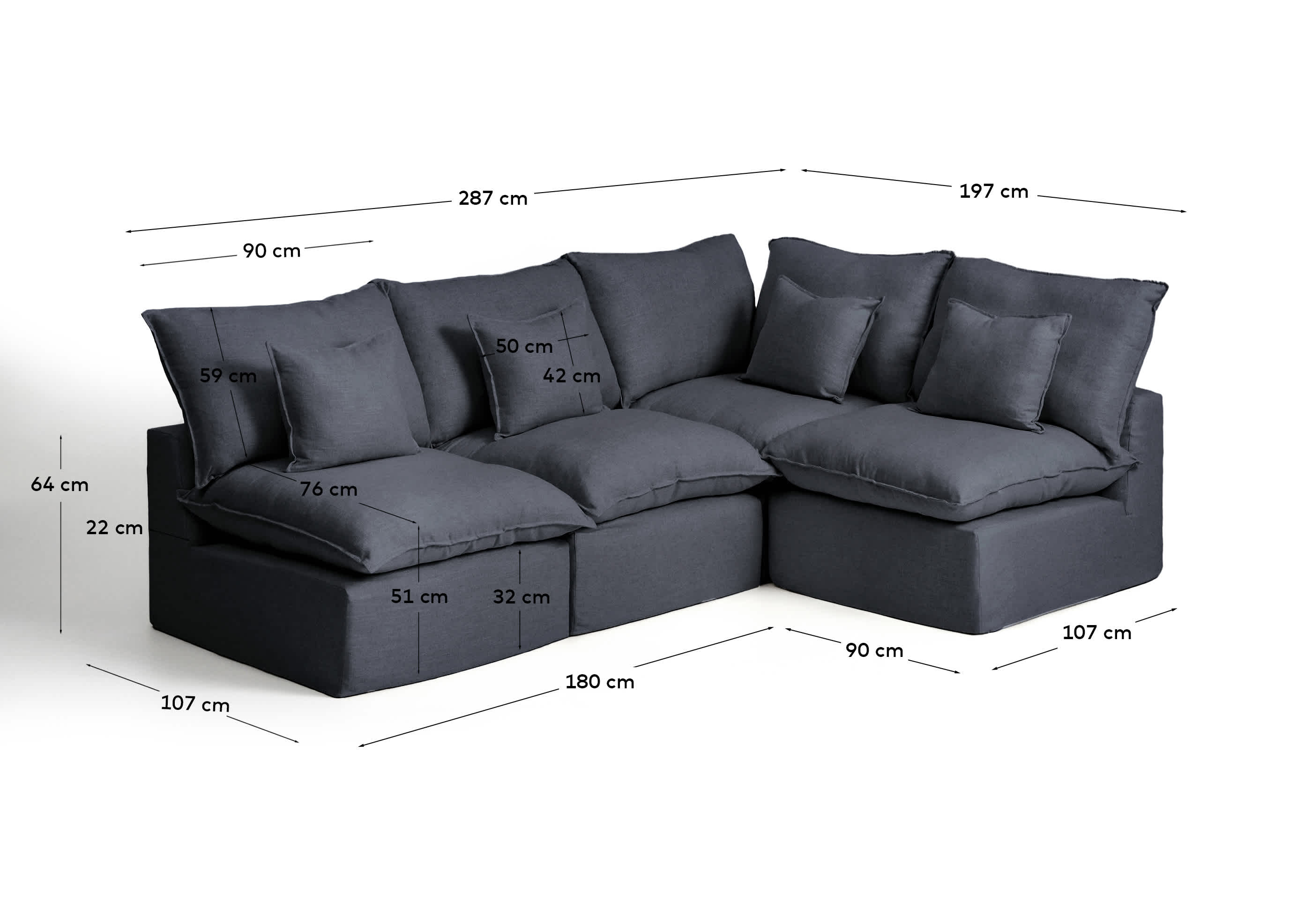 Anarela dark grey linen and viscose 4-seater modular corner sofa with removable cover 287 x 197cm / 197 x 287cm FSC Mix Credit