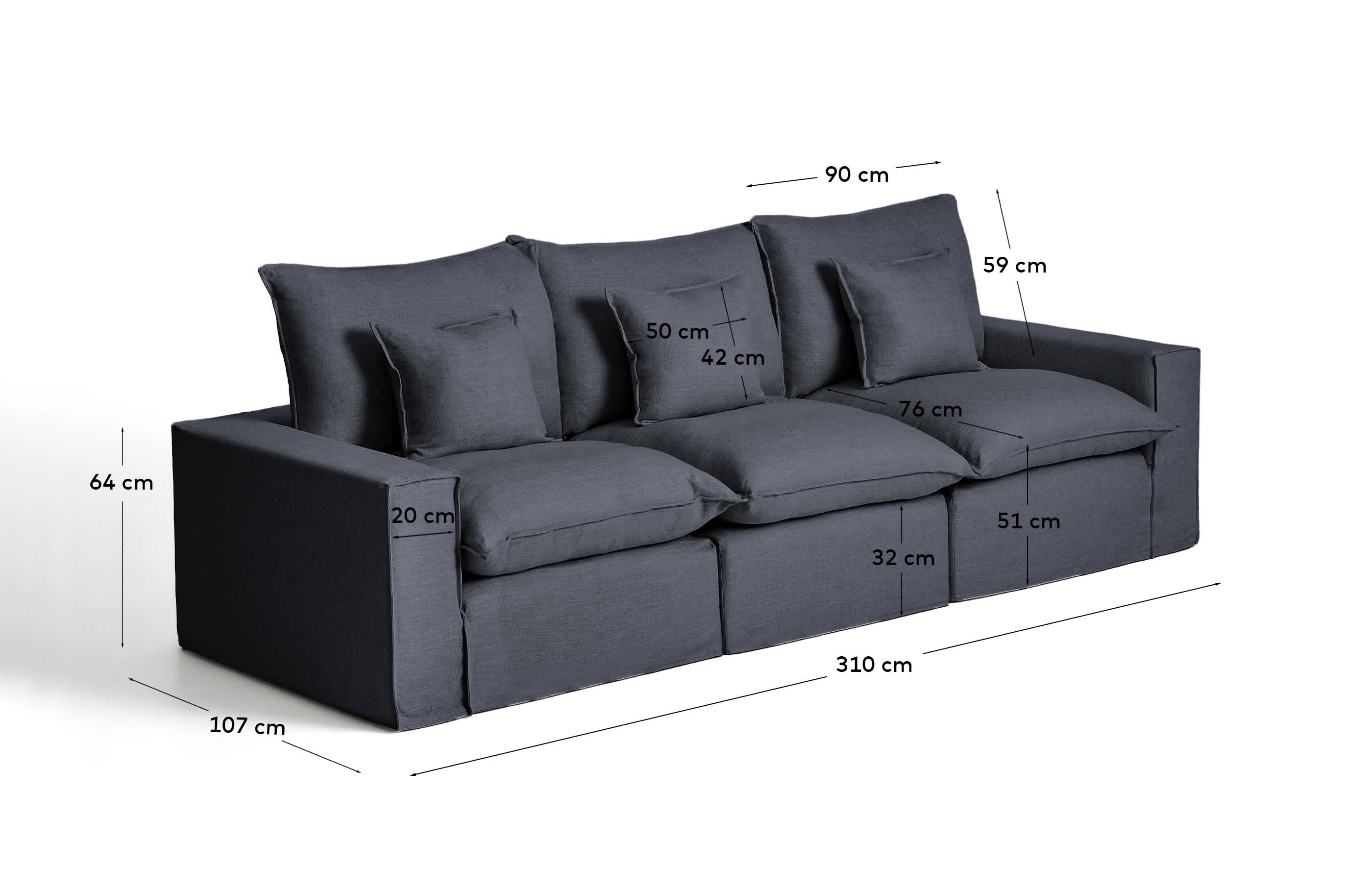 Anarela dark grey linen and viscose 3-seater modular sofa with removable cover 310cm FSC Mix Credit