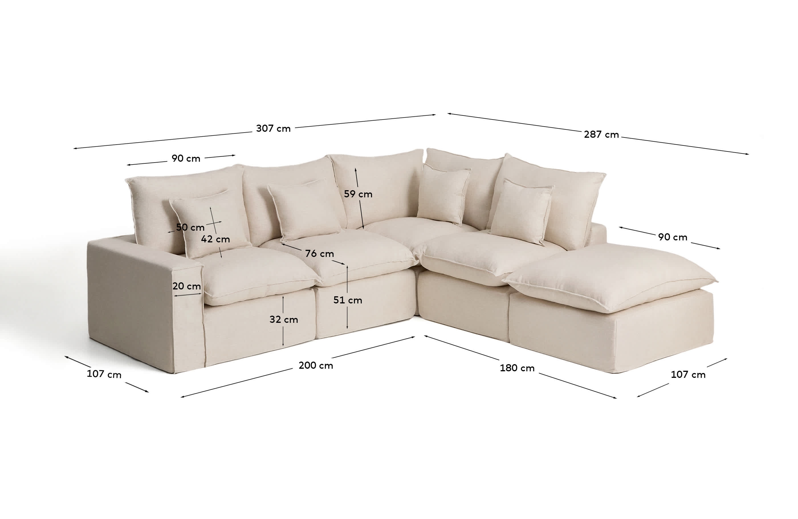 Anarela beige linen and viscose 4-seater modular corner sofa with removable cover 307 x 287 cm FSC Mix Credit