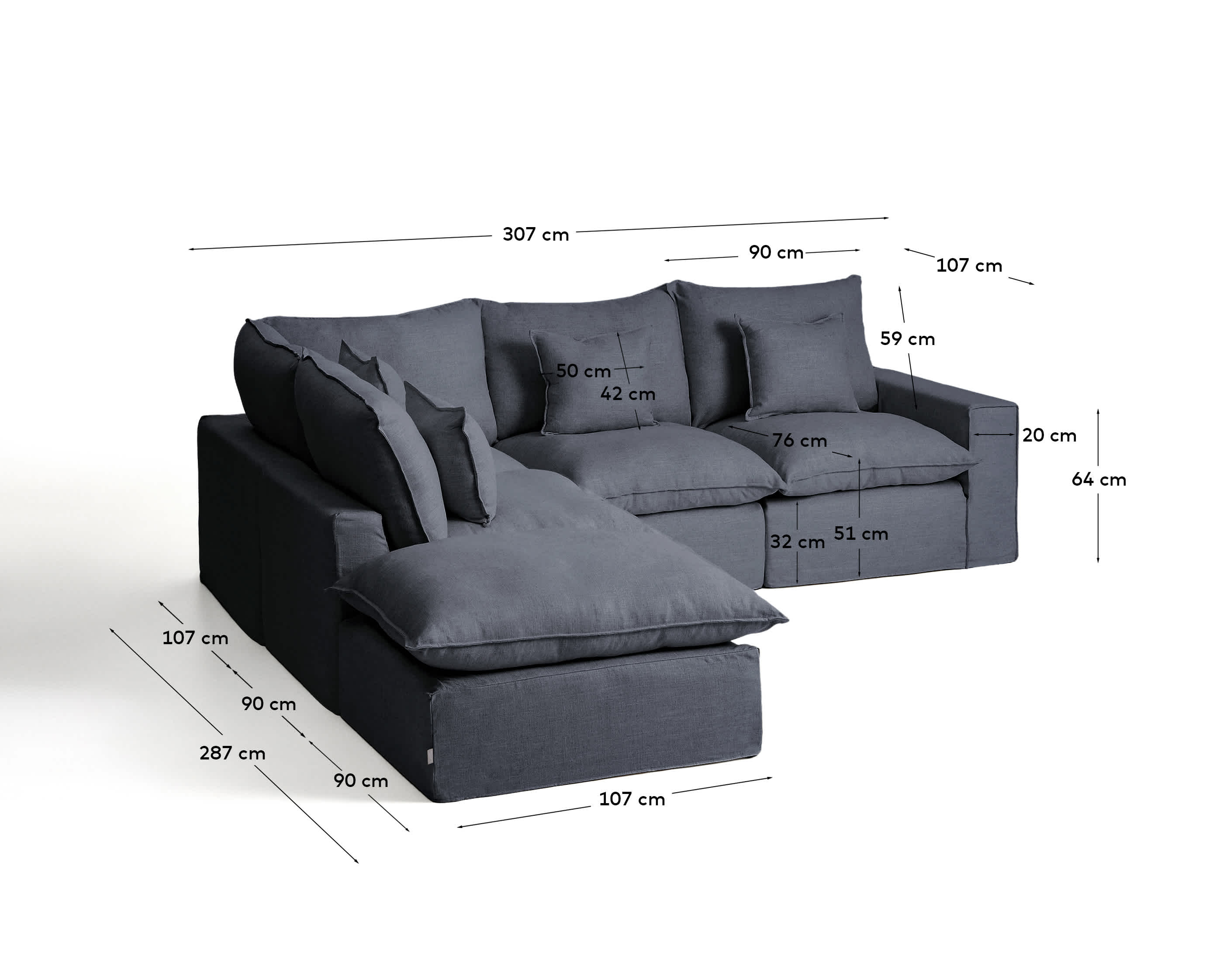 Anarela dark grey linen and viscose 4-seater modular corner sofa with removable cover 287 x 307 cm FSC Mix Credit
