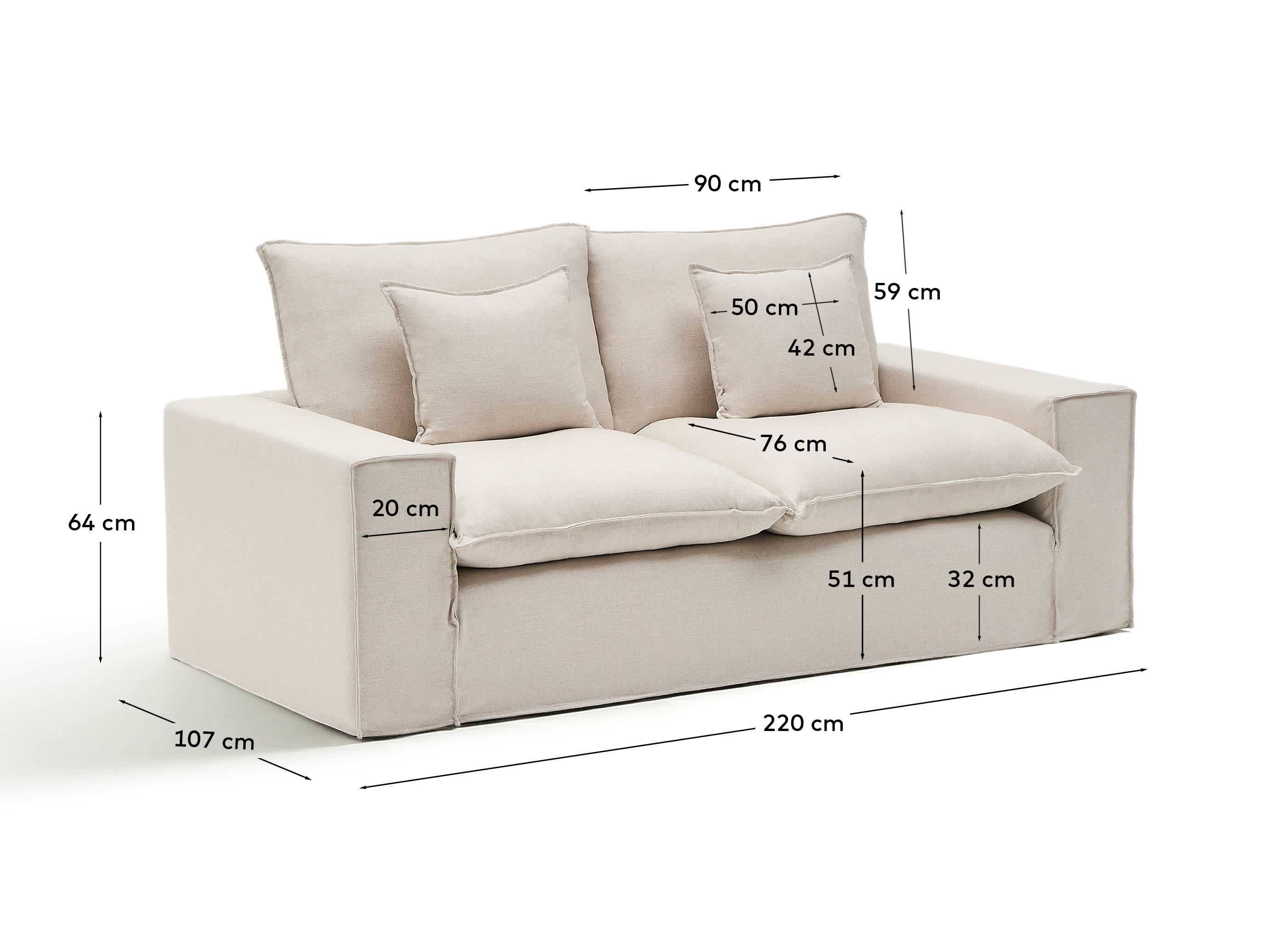 Anarela beige linen and viscose 2-seater sofa with removable cover 220 cm FSC Mix Credit