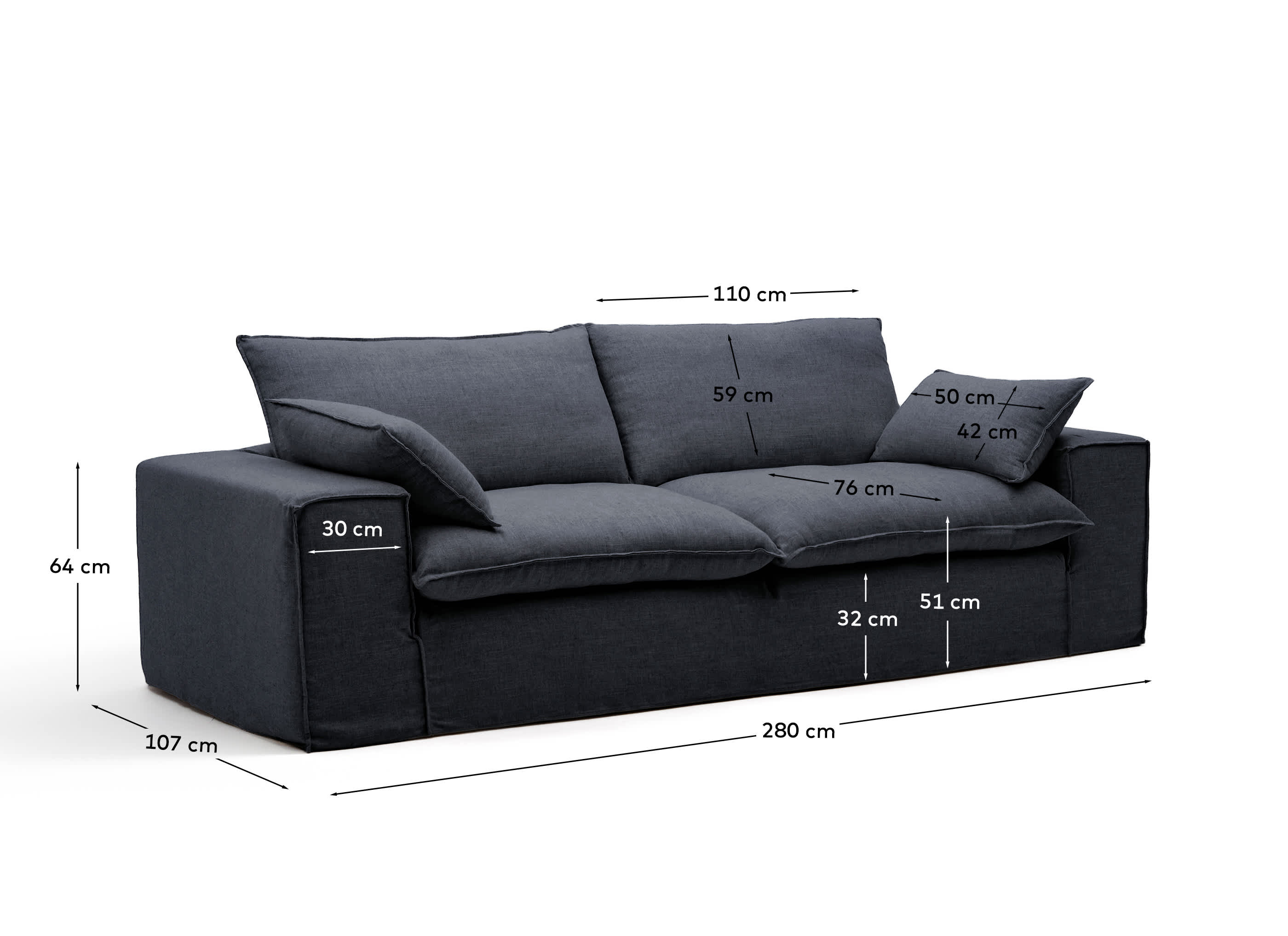 Anarela dark grey linen and viscose 3-seater sofa with removable cover 280 cm FSC Mix Credit